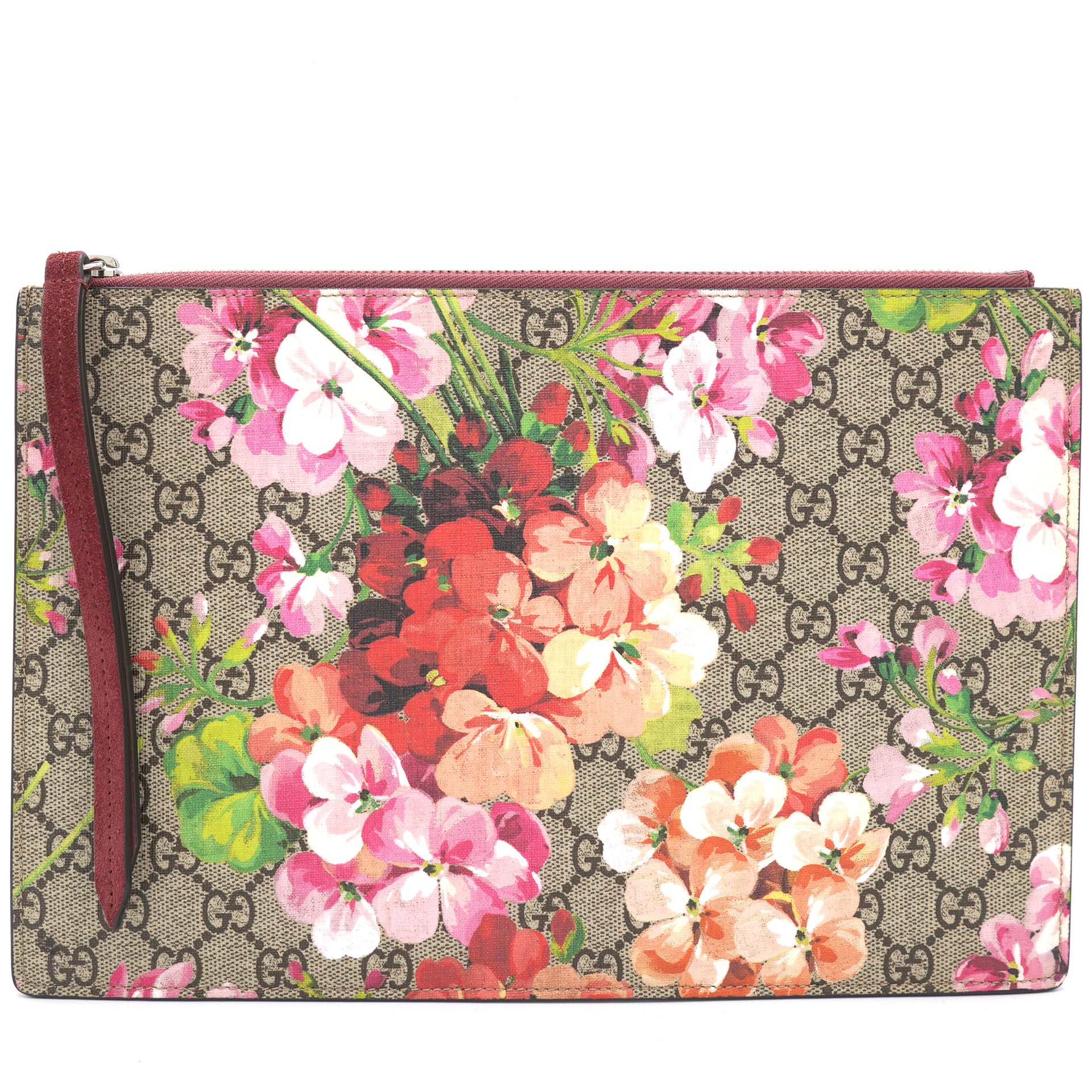 Maroon GG Supreme Blooms Printed Canvas and Suede Pouch
