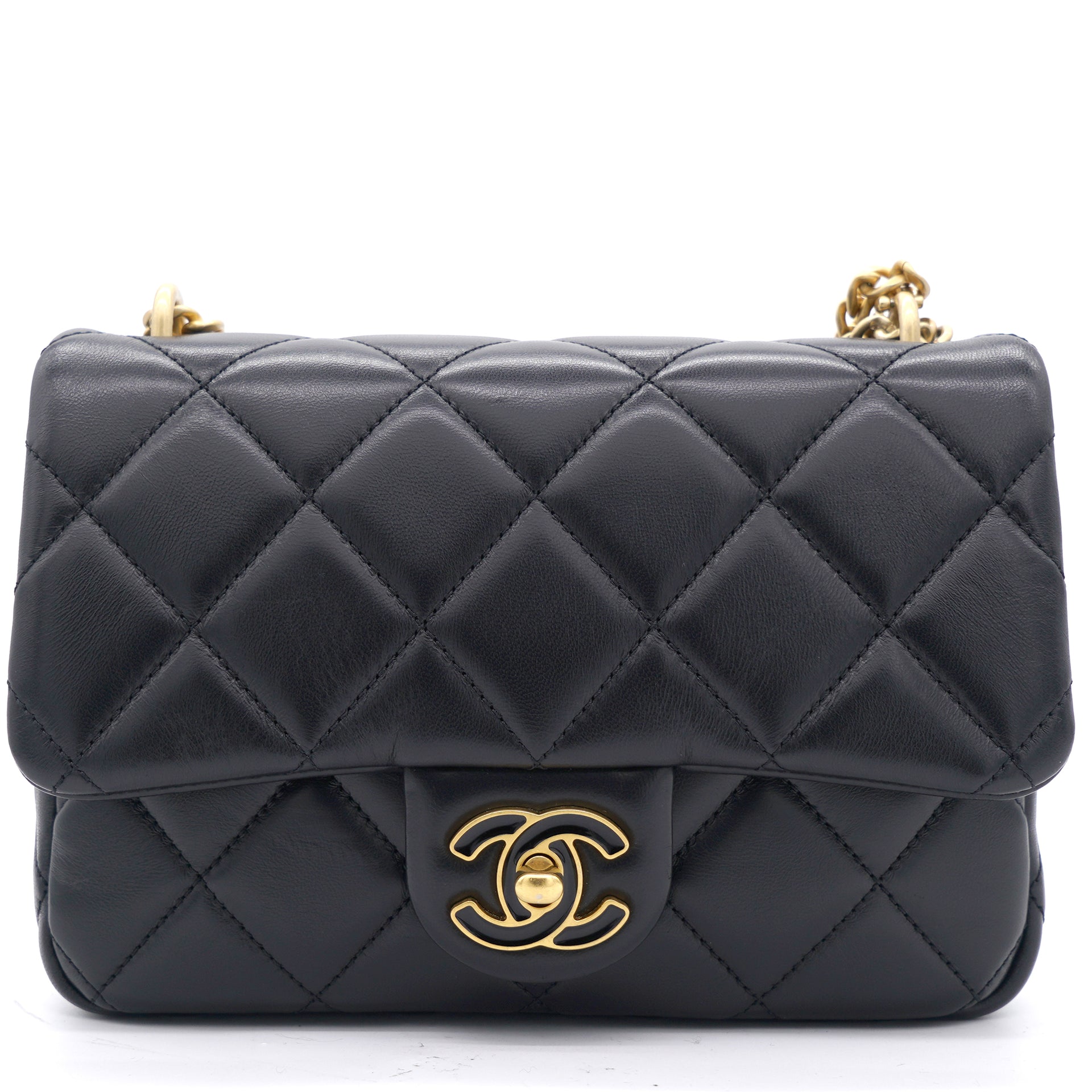 Chanel Lambskin Enamel Quilted Pending CC Mini Square Flap Black