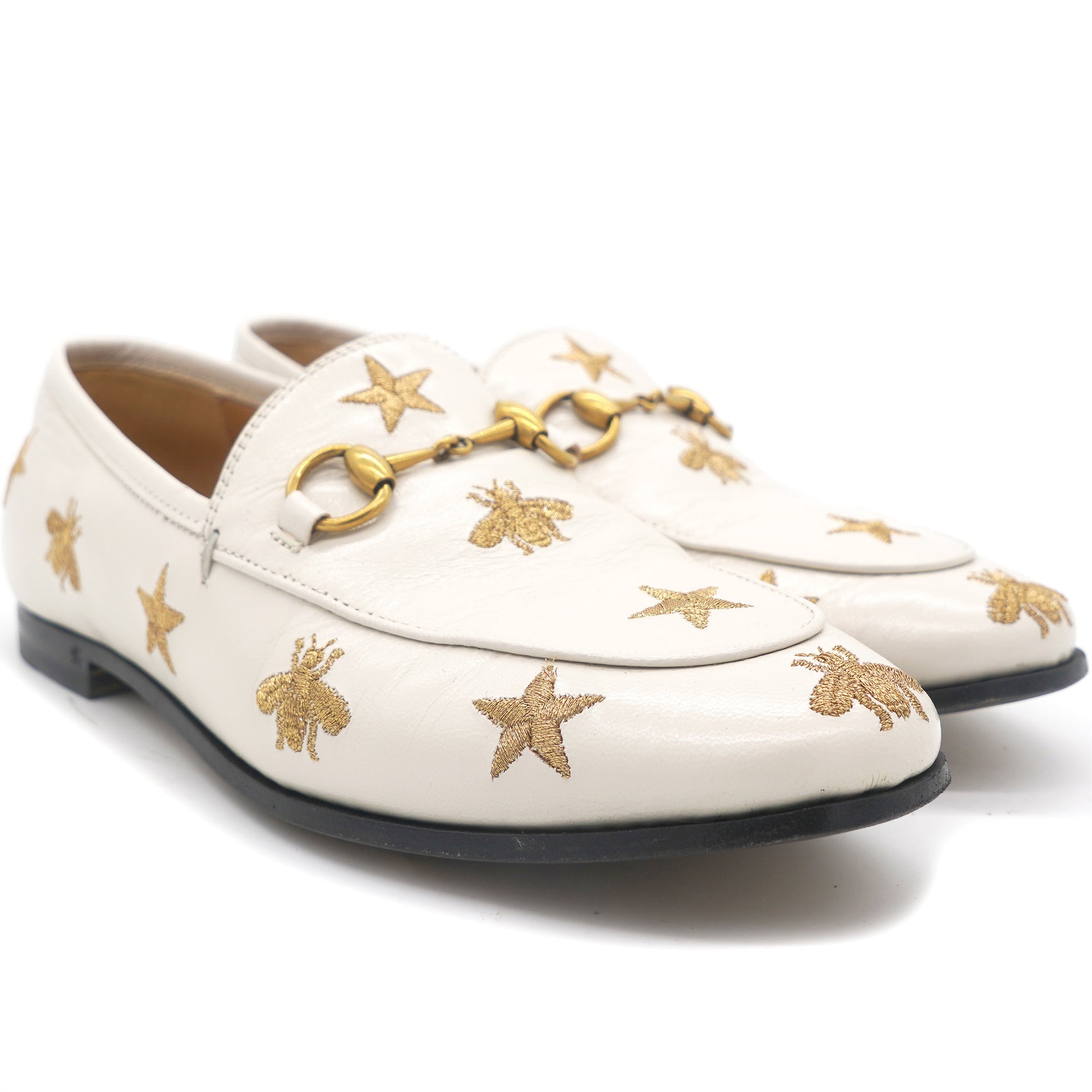 Goatskin Bee Star Embroidered Women Loafers 35.5 Mystic White
