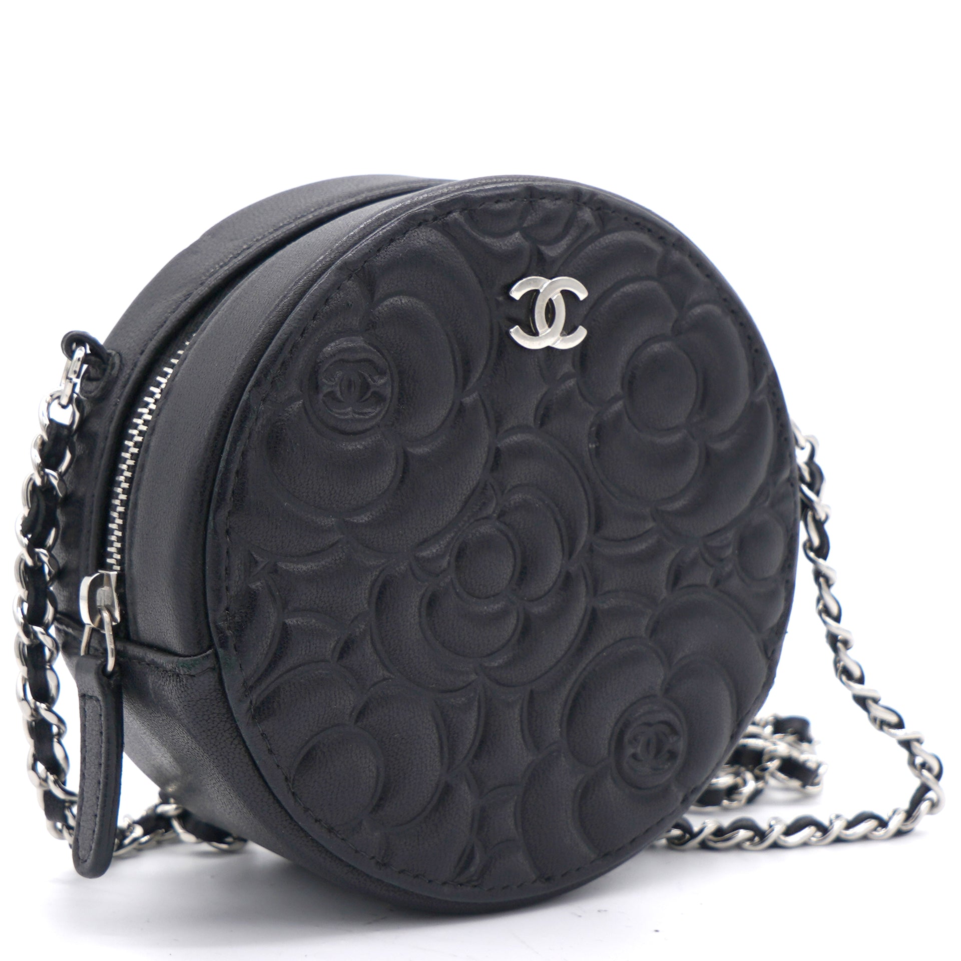 Chanel Lambskin Camellia Quilted Round Clutch With Chain Black – STYLISHTOP
