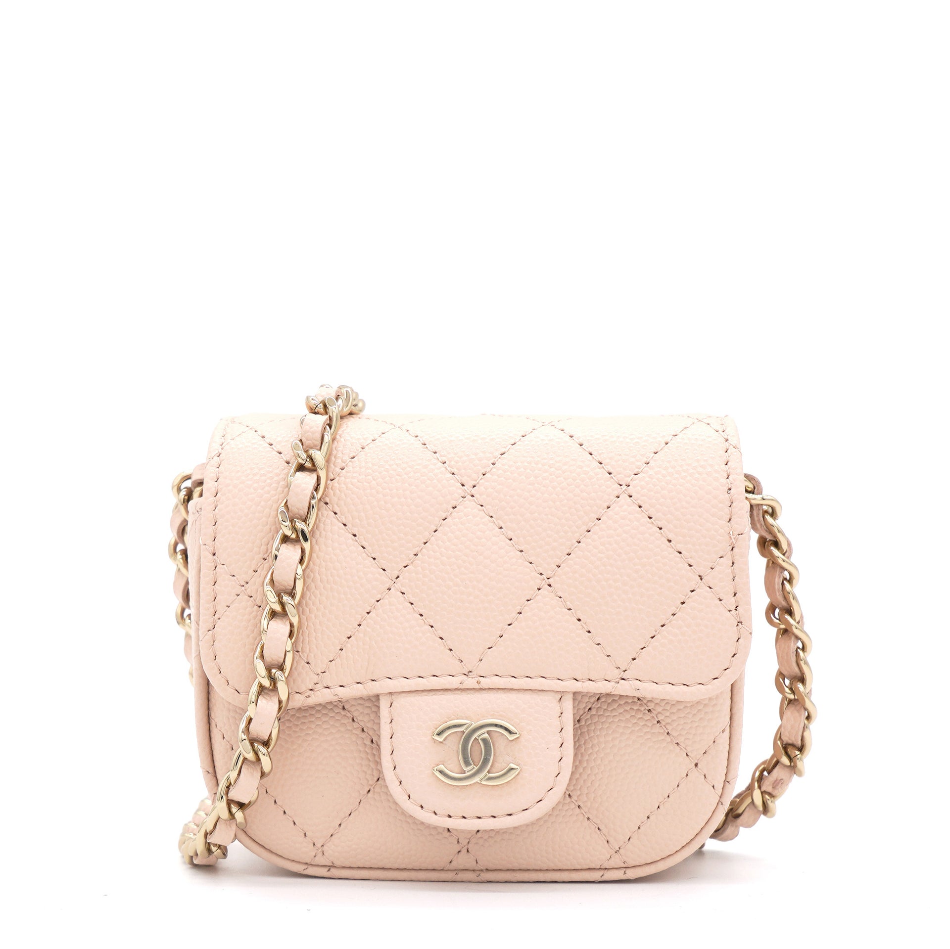 Chanel Pink Beige Quilted Caviar Leather Flap Card Holder with