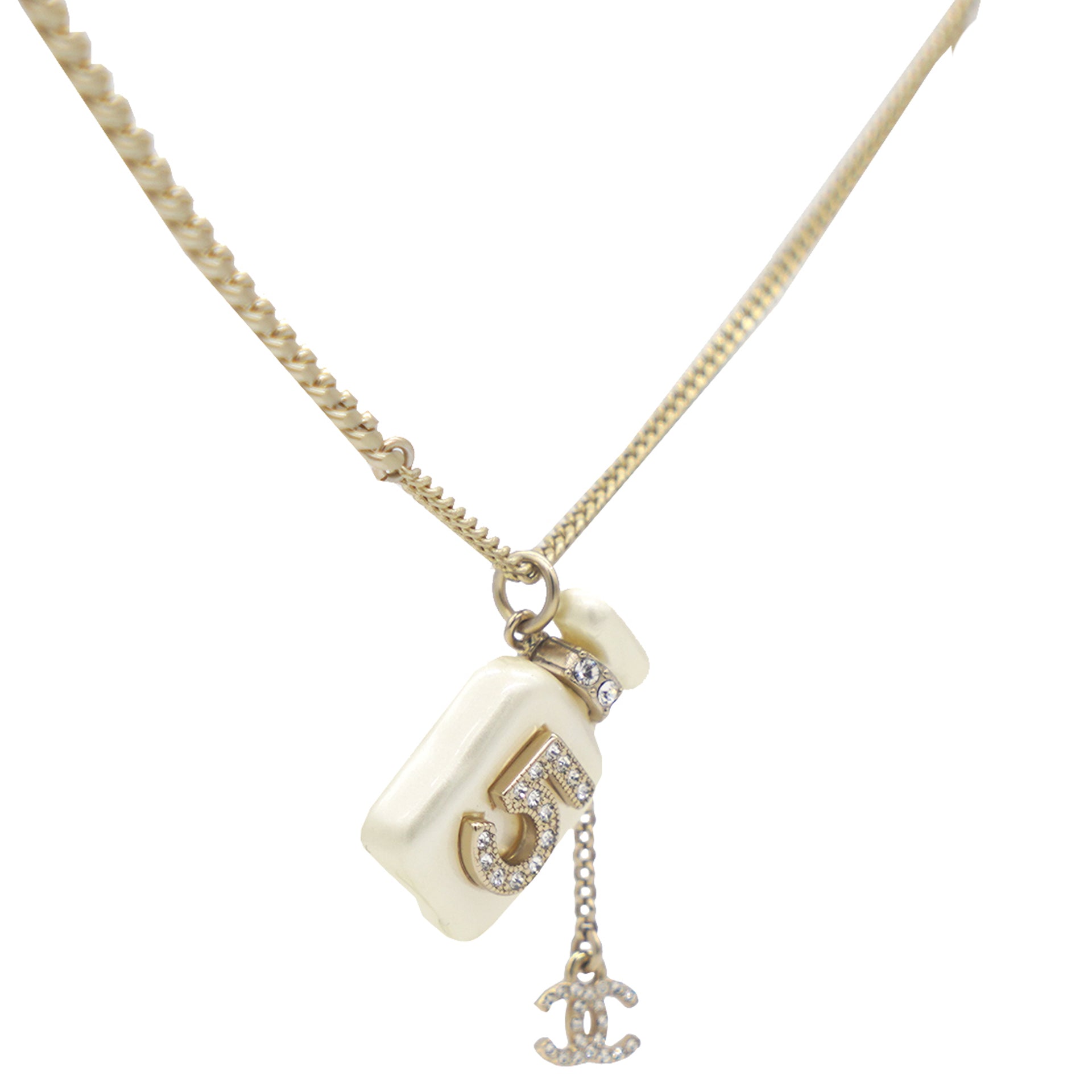 Chanel NO.5 Perfume Mini Bottle Necklace Leather Gold Black Accessories  Rare