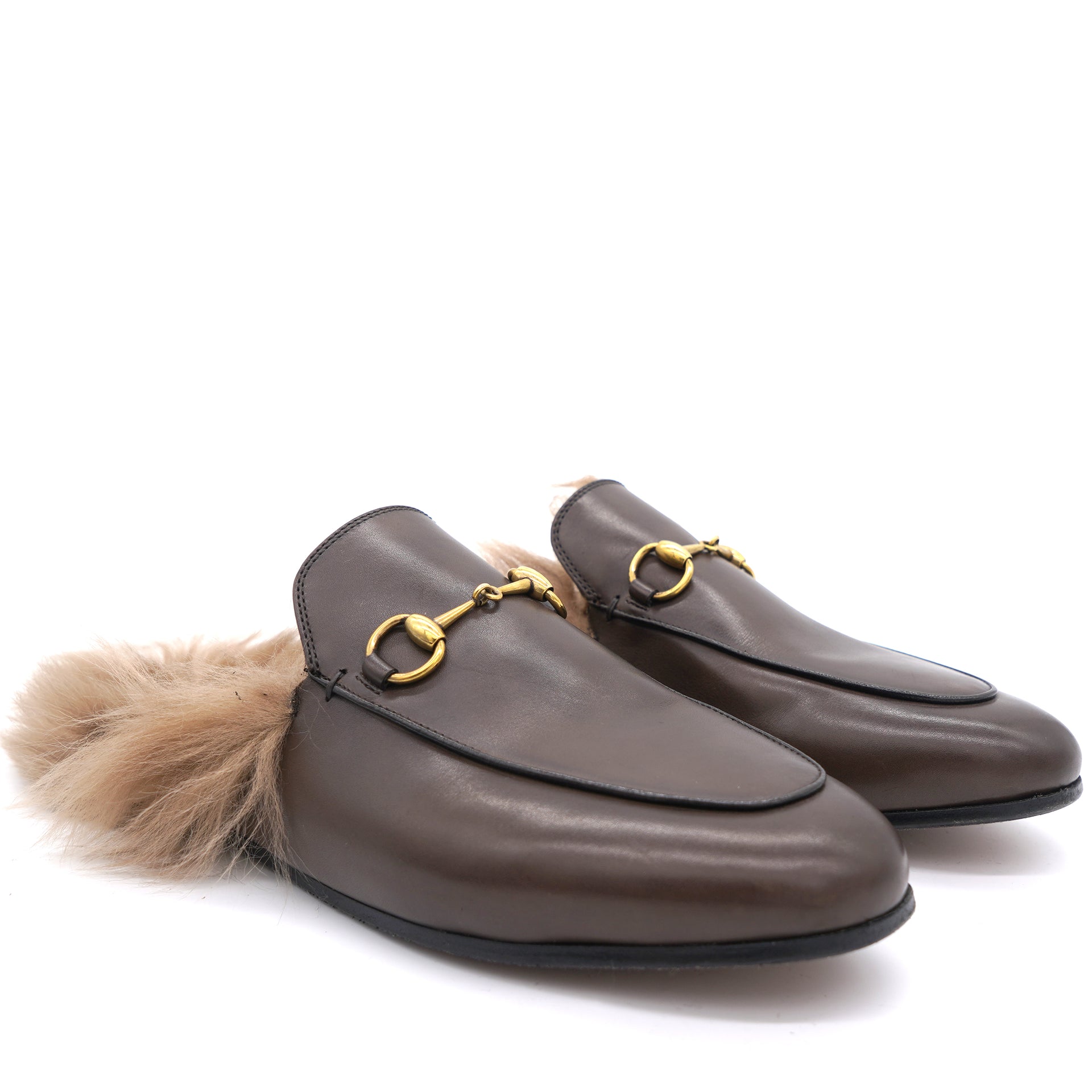 Chocolate Leather and Fur Princetown Horsebit Mules 38