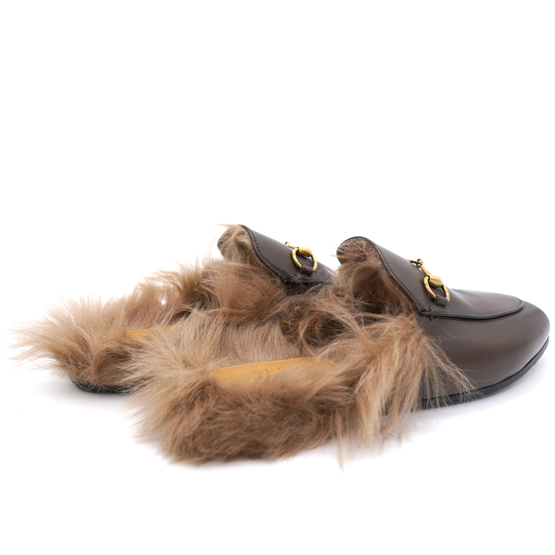 Chocolate Leather and Fur Princetown Horsebit Mules 38