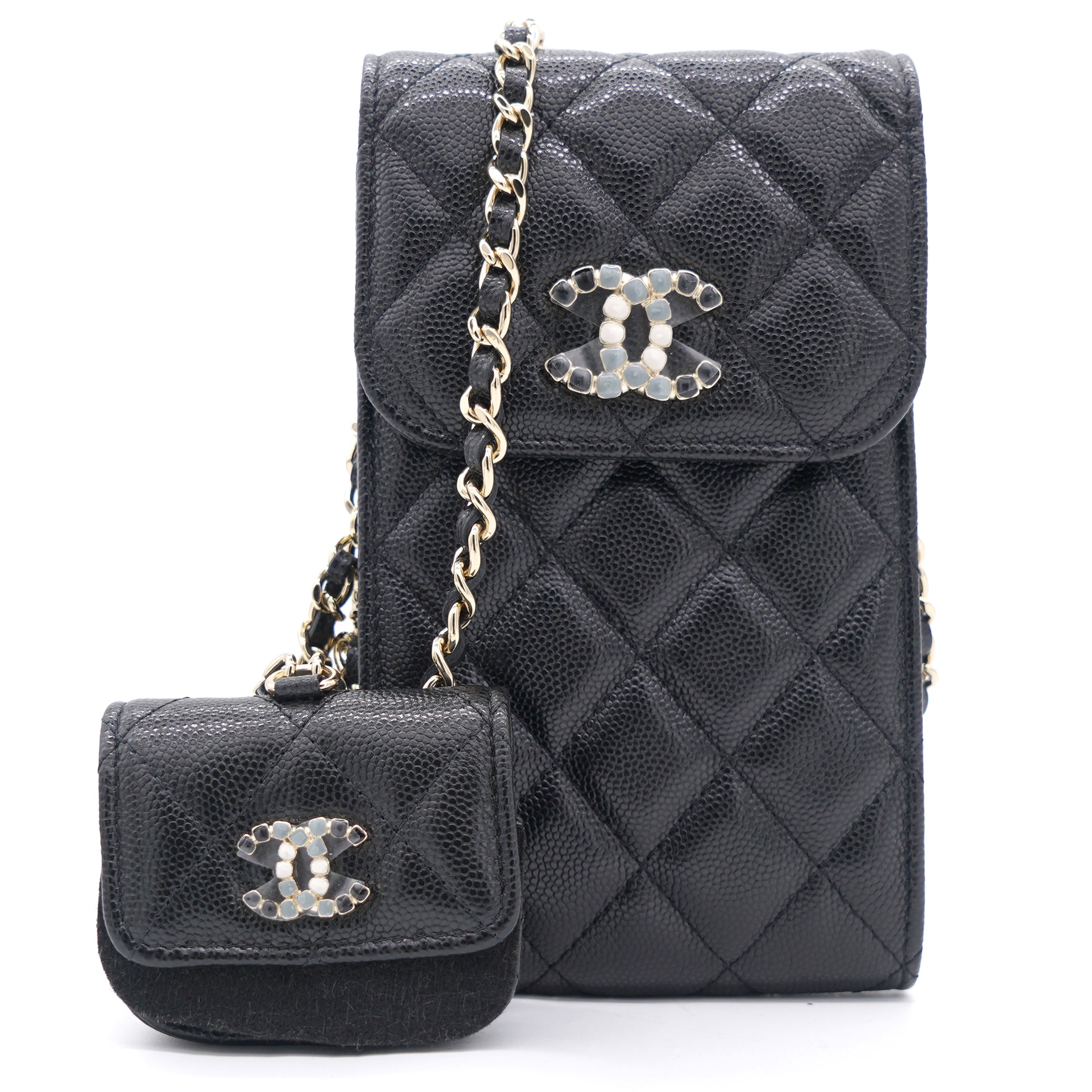 Chanel 22s Black Quilted Caviar CC Crystal O-Case Card Wallet