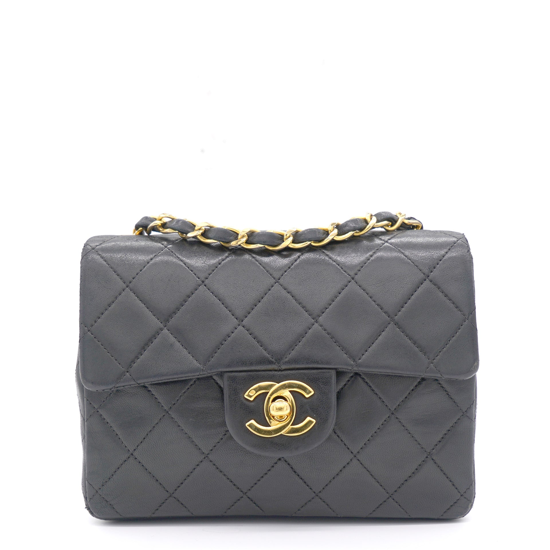 Chanel Vintage Black Quilted Leather Mini Square Classic Flap Bag