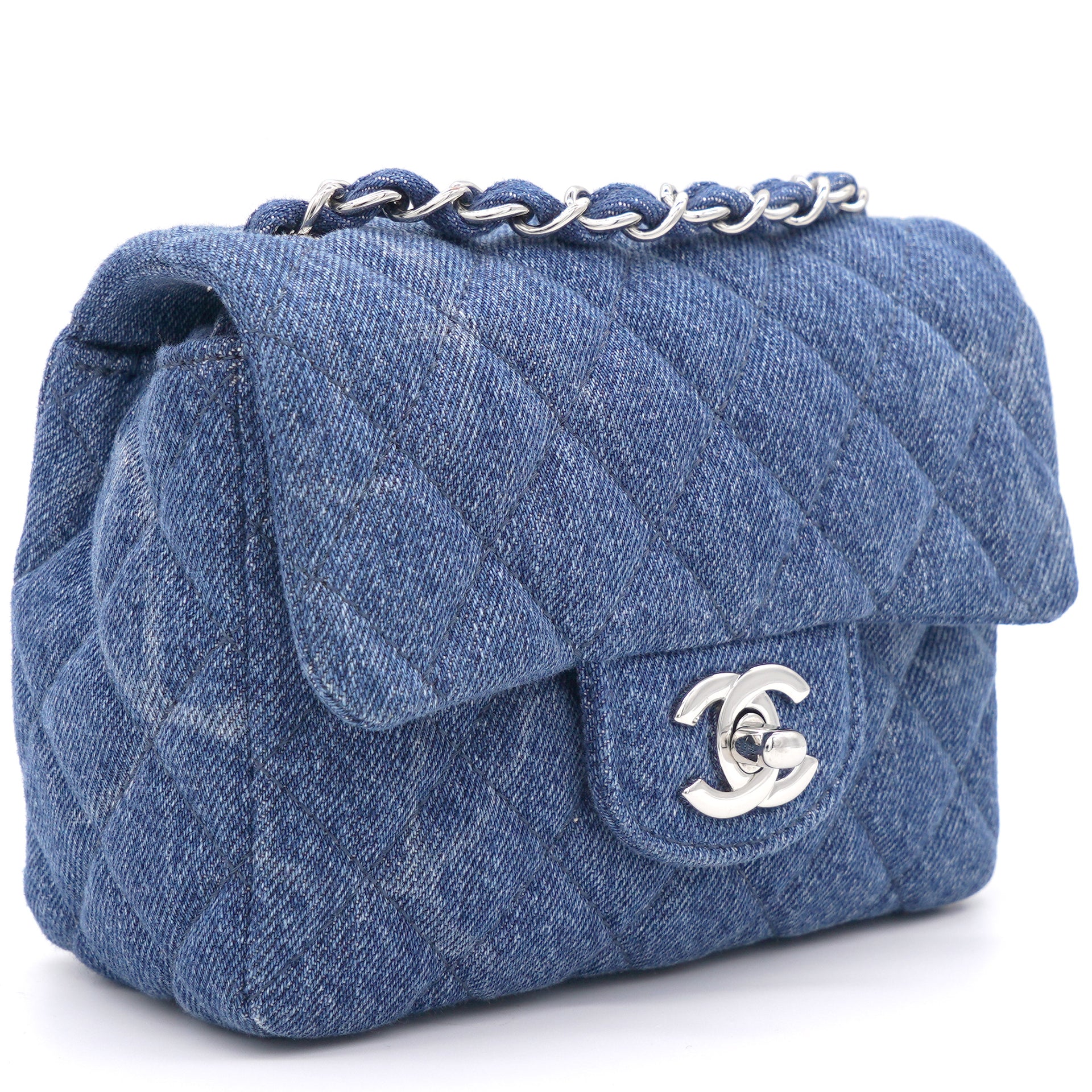 Blue Quilted Denim Mini Square Classic Flap Bag