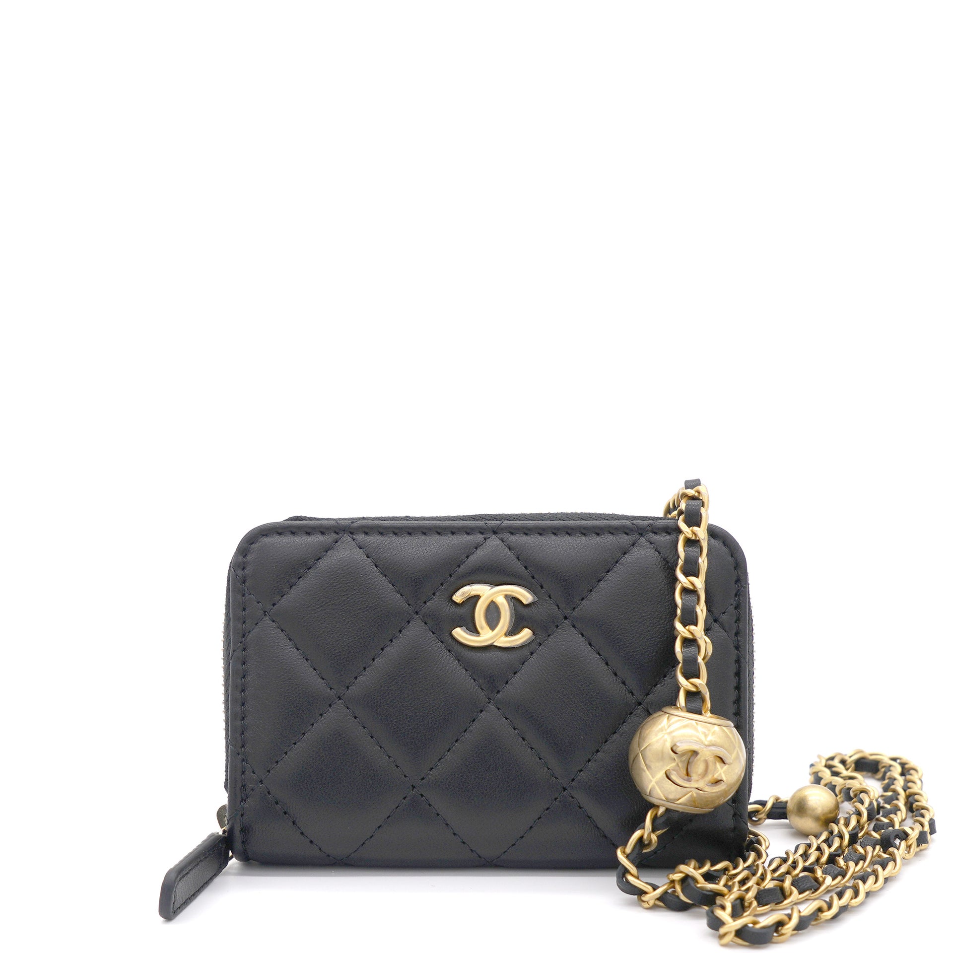 Chanel Black Lambskin Leather Cc Zip Around Purse With Gold Ball Chain –  Stylishtop