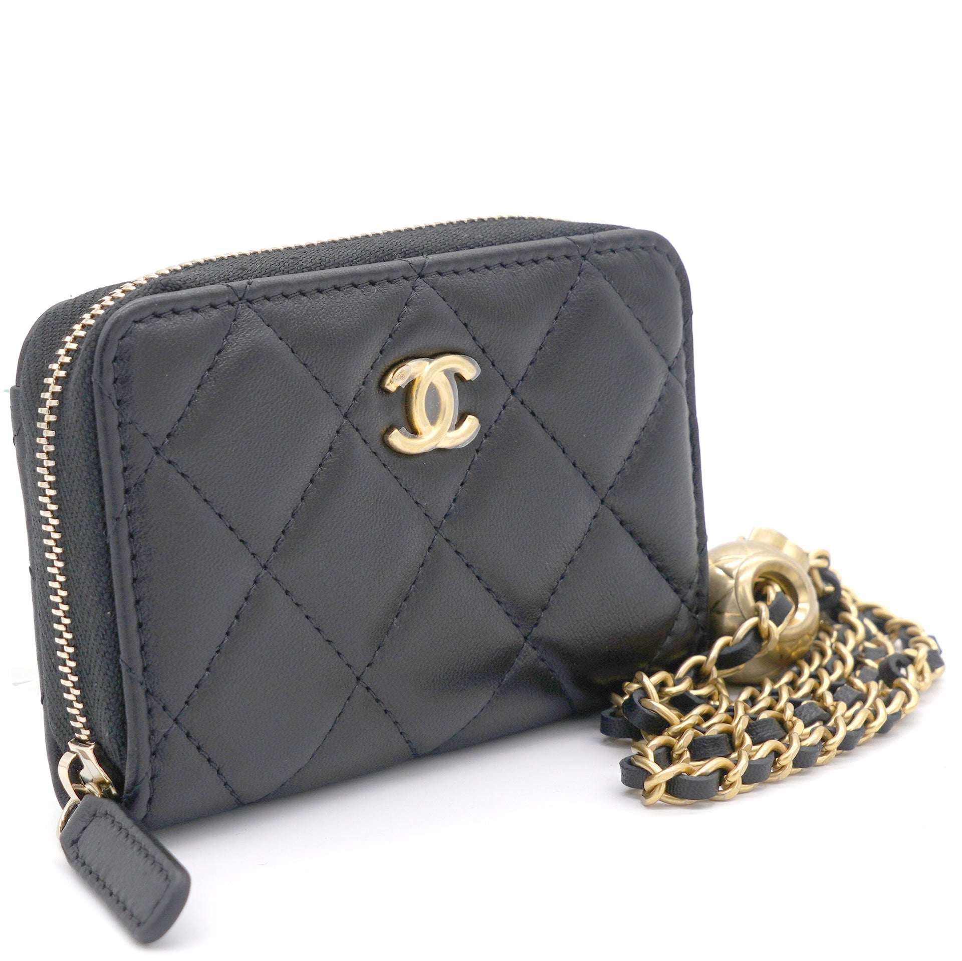 Chanel Black Lambskin Leather Cc Zip Around Purse With Gold Ball Chain –  Stylishtop