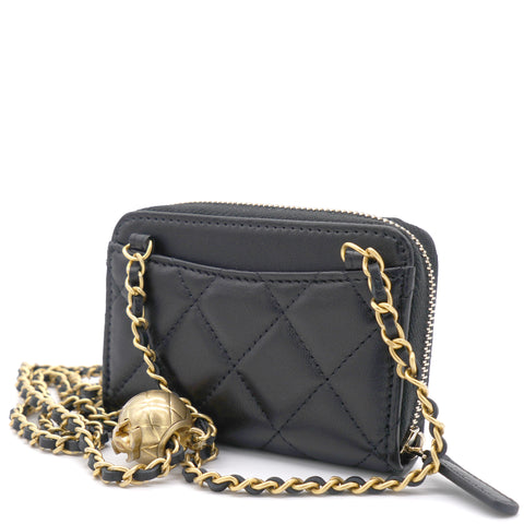 Black Lambskin Leather CC Zip Around Purse with Gold Ball Chain