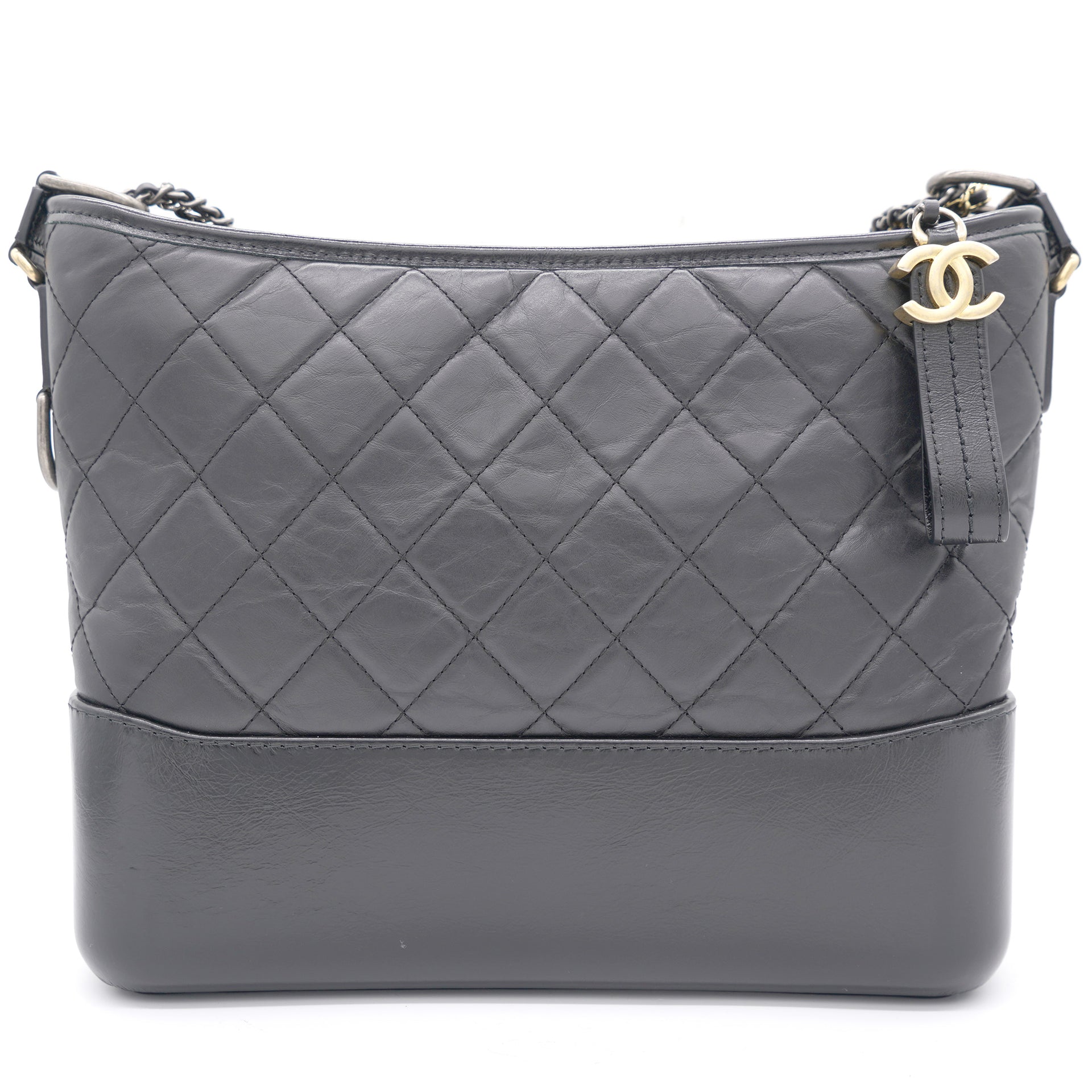 Chanel Quilted Small Gabrielle Hobo Black White Aged Calfskin Mixed Hardware