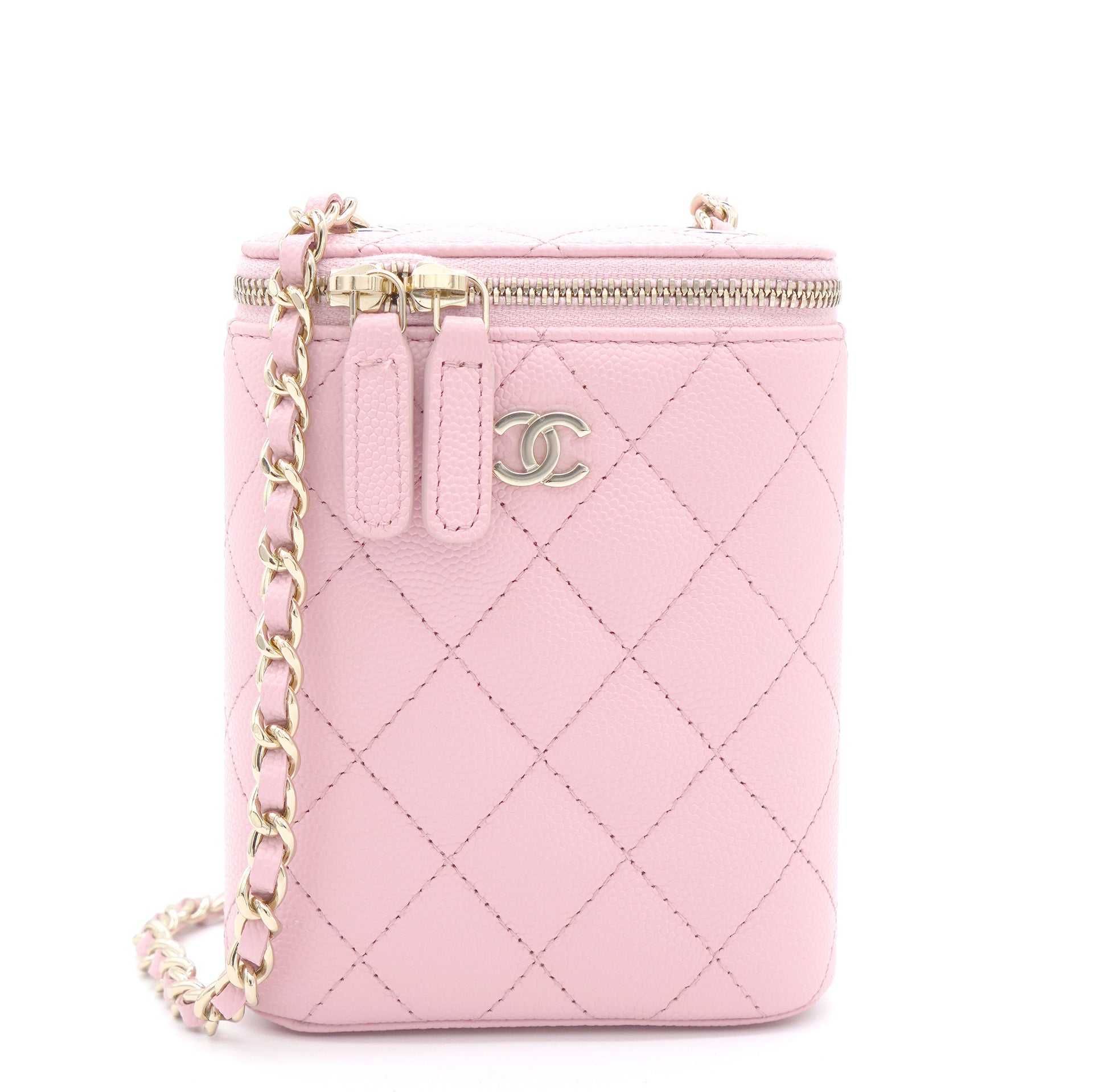 Bonhams : CHANEL LIGHT PINK LAMBSKIN PHONE BAG VANITY CASE WITH GOLD TONED  CHAIN (includes serial sticker, authenticity card, original dust bag and box )