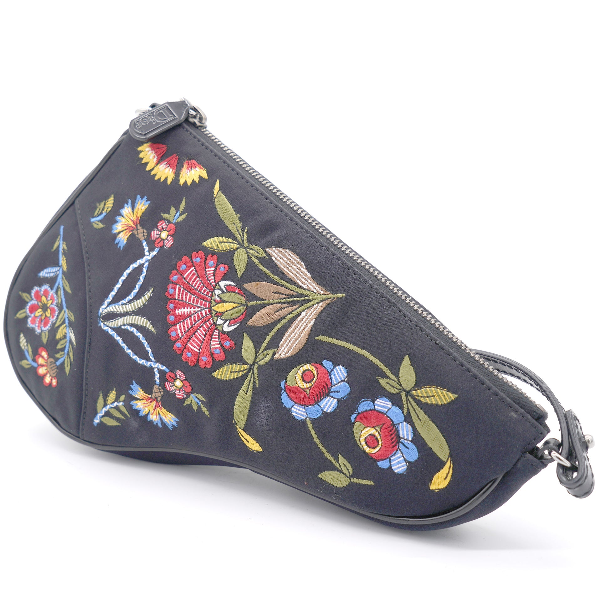 Black Canvas And Leather Vintage Floral Print Mini Saddle Bag
