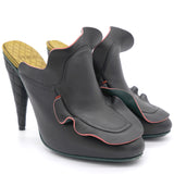 Black Leather Stocking Heel Mule Sandals 36