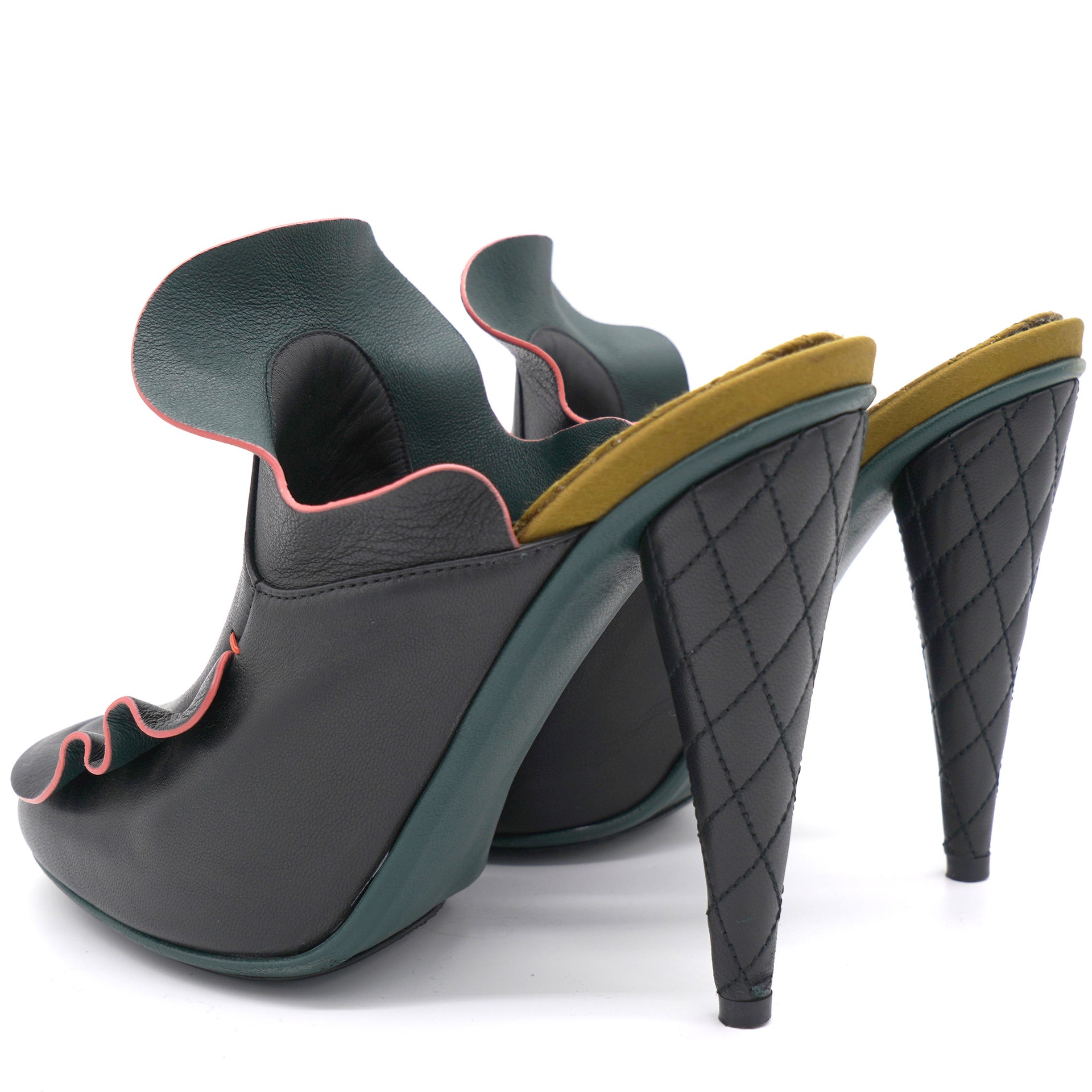 Black Leather Stocking Heel Mule Sandals 36