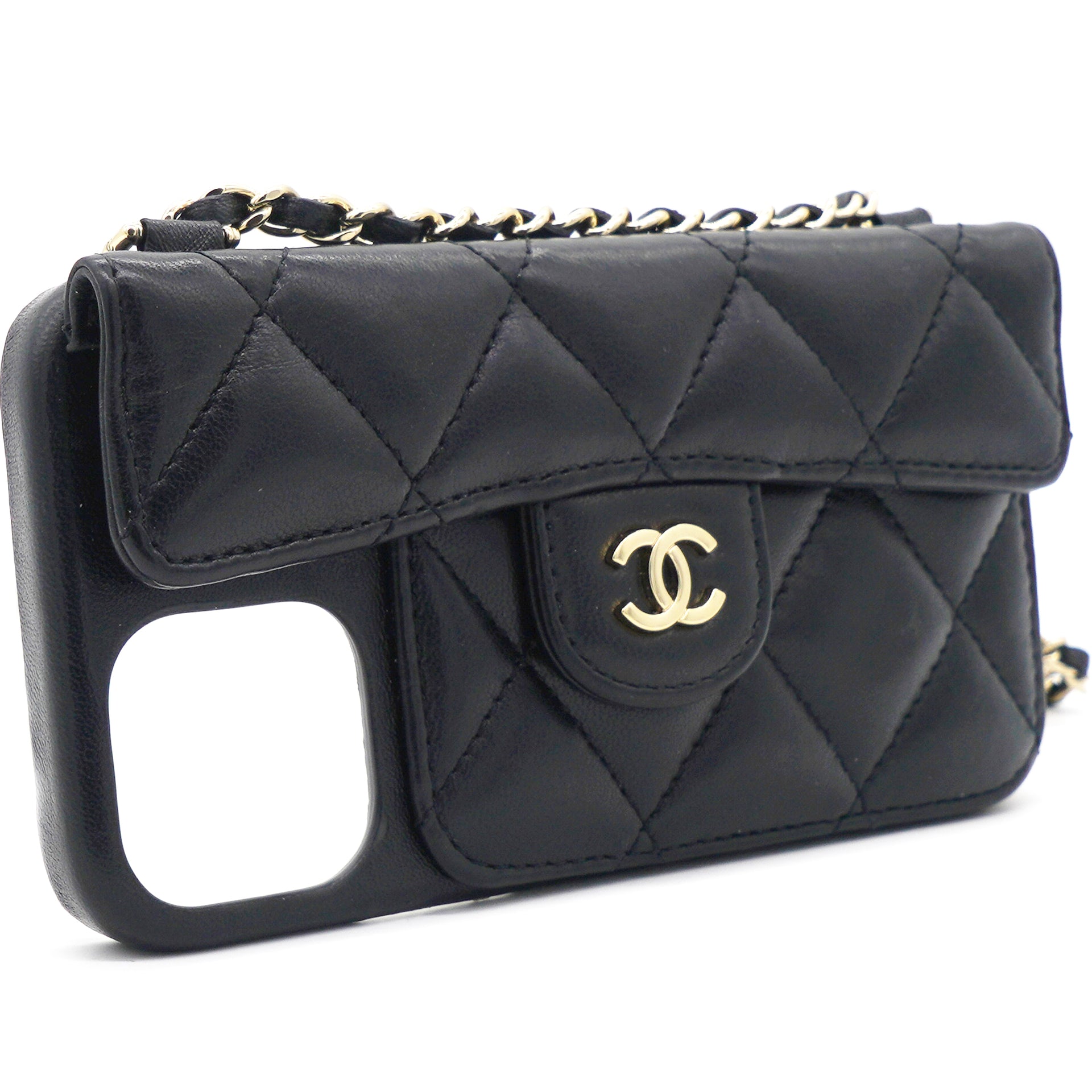 CHANEL Lambskin Quilted iPhone XII Pro Holder With Chain Black 1291473