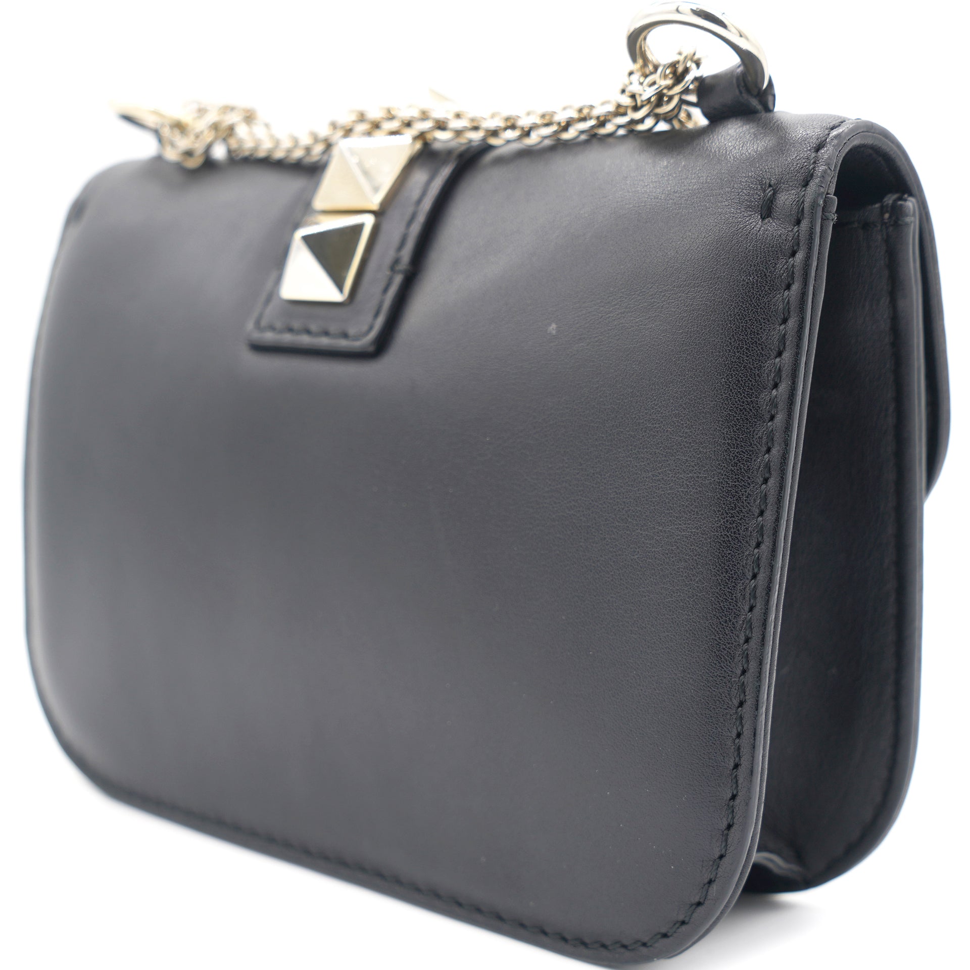 Black Leather Embellished Glam Lock Flap Bag