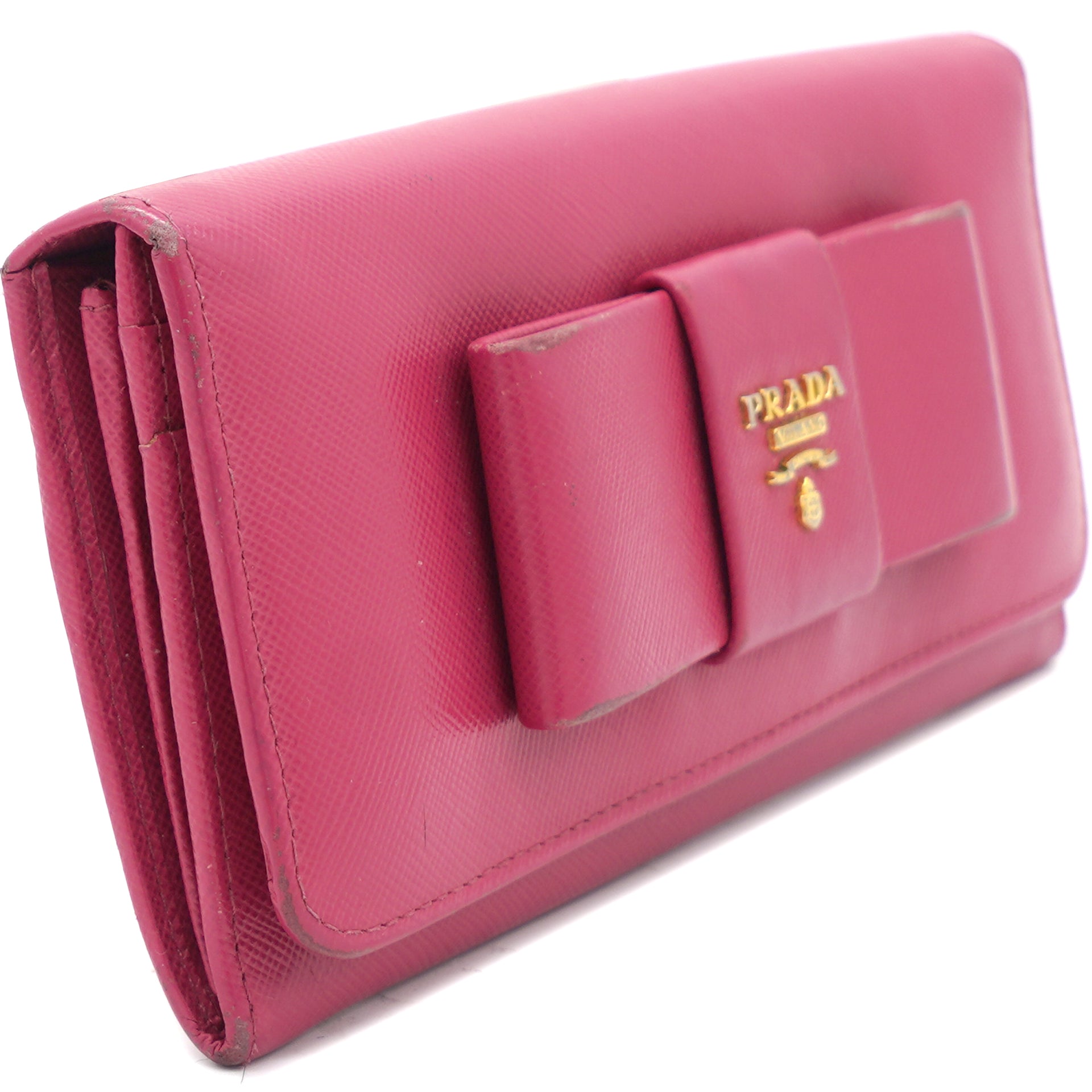 Authentic Prada Saffiano Pink Leather Ribbon Zip Around Wallet