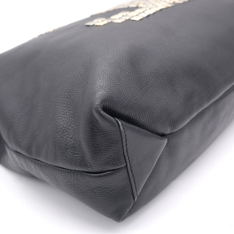 Black Leather Embellished Logo Tote