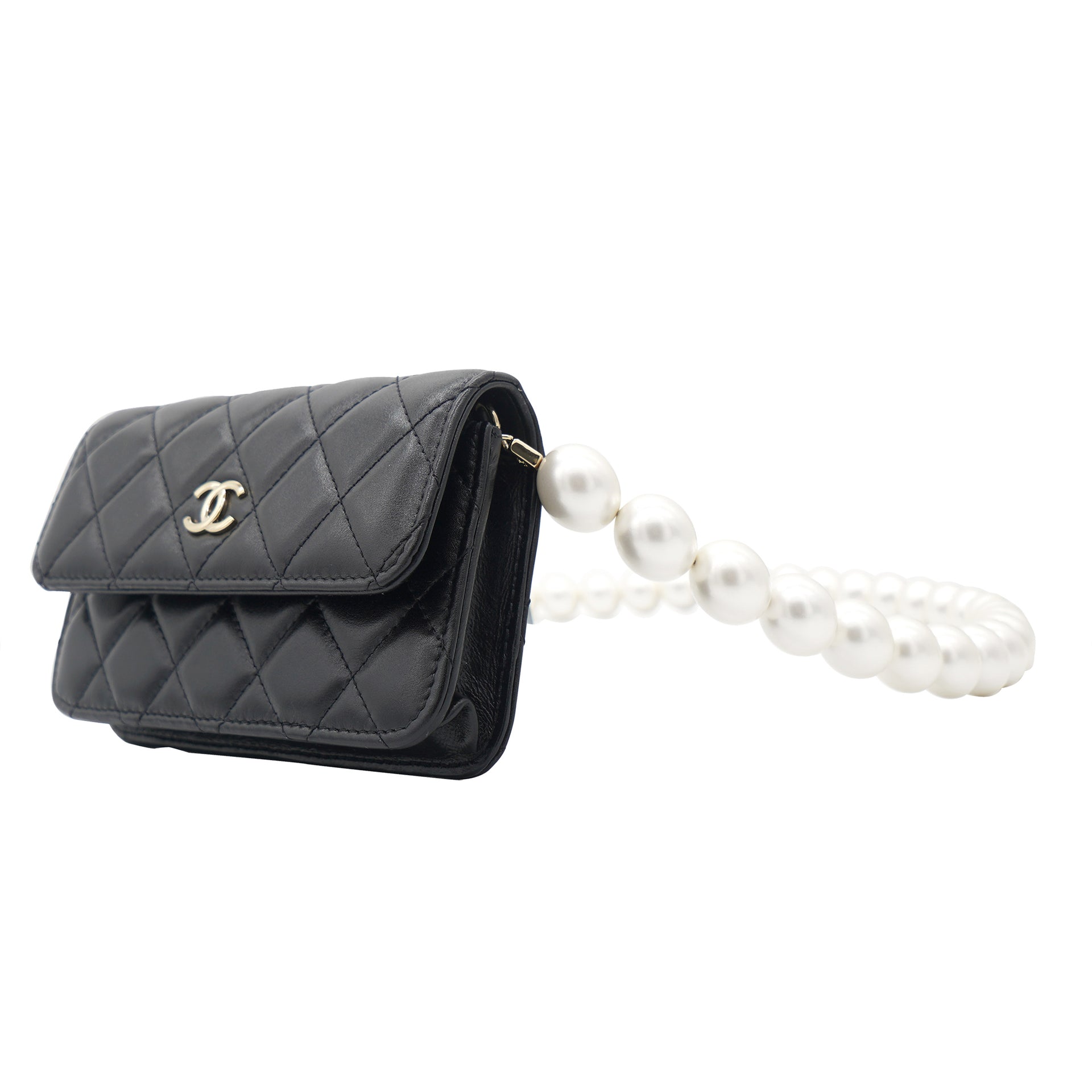 CHANEL Calfskin Quilted Mini Maxi Pearls Wallet On Chain WOC Black 1248354