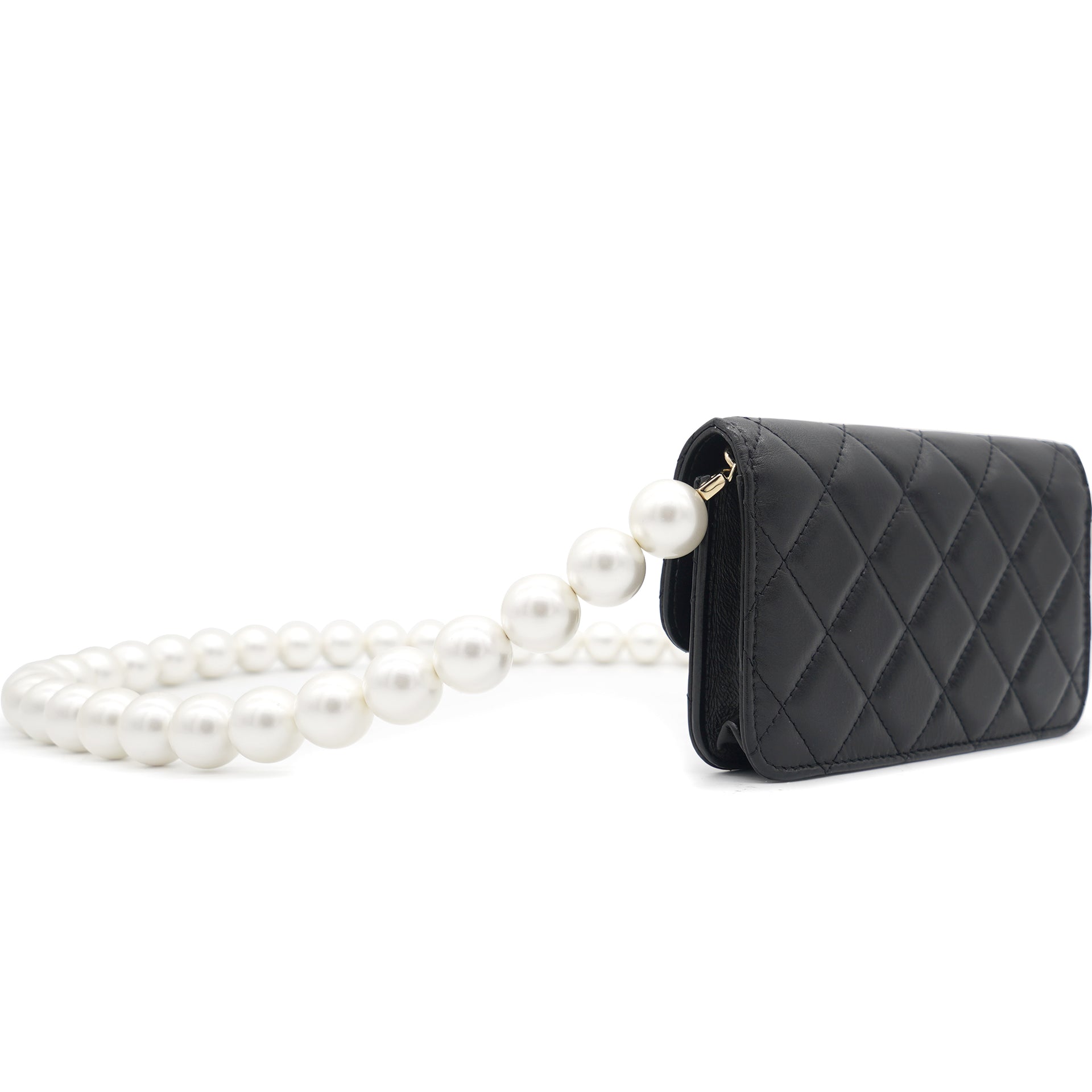 Chanel Calfskin Quilted Pearl Mini Wallet On Chain WOC Black