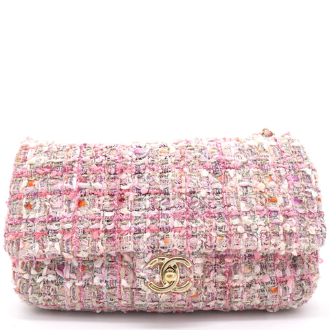 2019 Pink Tweed Fabric & Pearls Classic Single Flap Bag