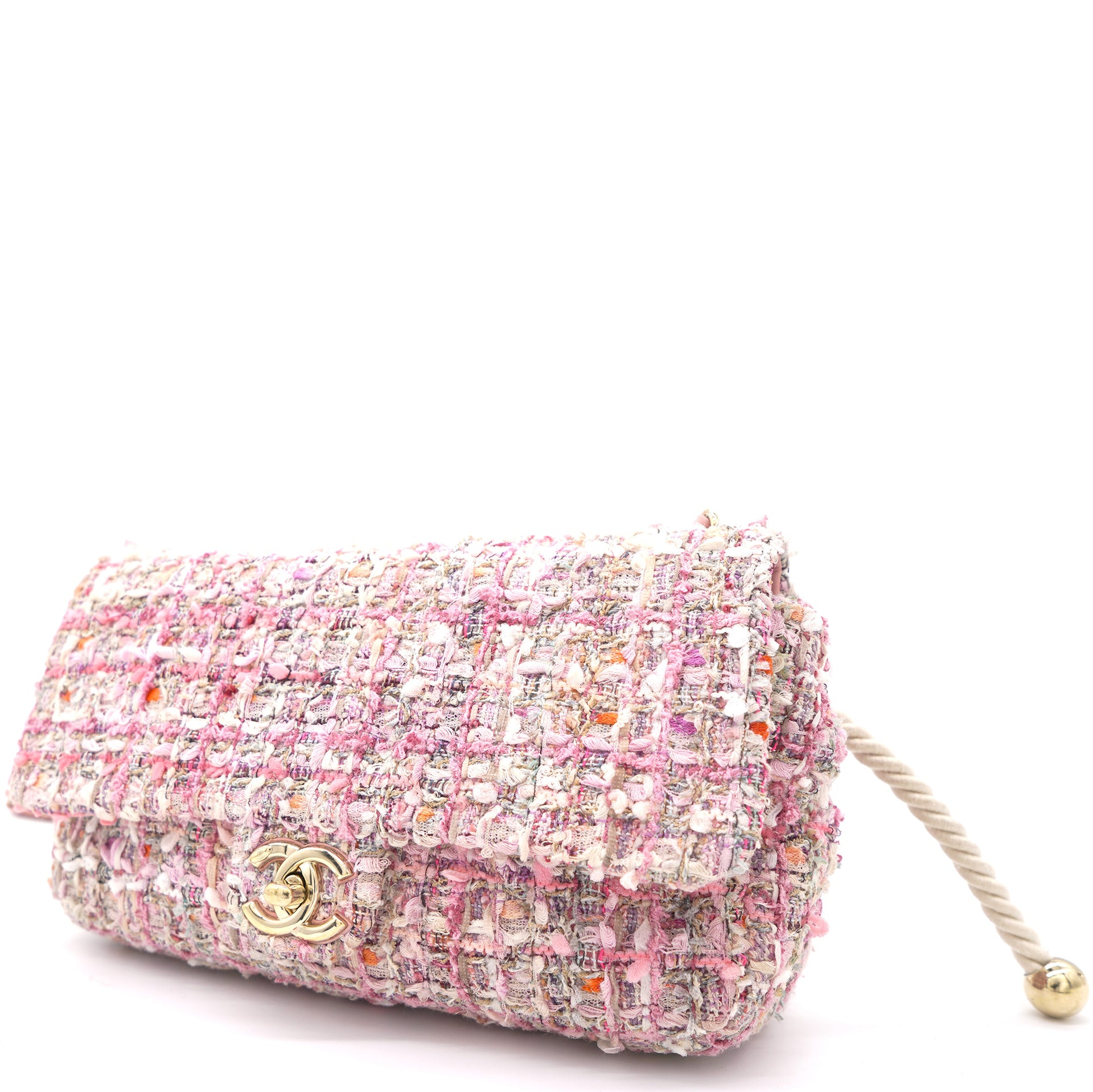 2019 Pink Tweed Fabric & Pearls Classic Single Flap Bag