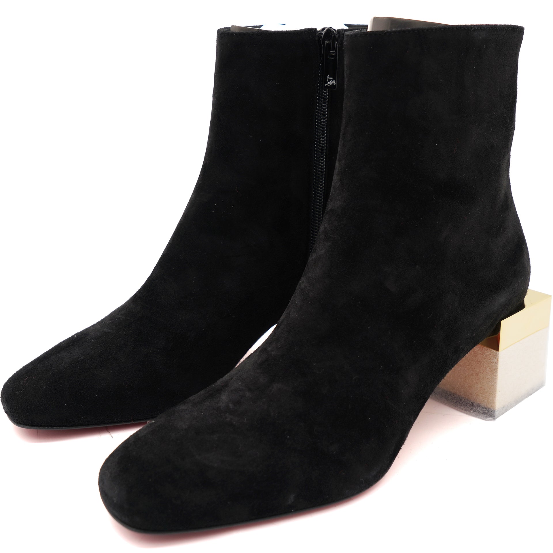 Black Suede Gold Block Heels Ankle Boots 36