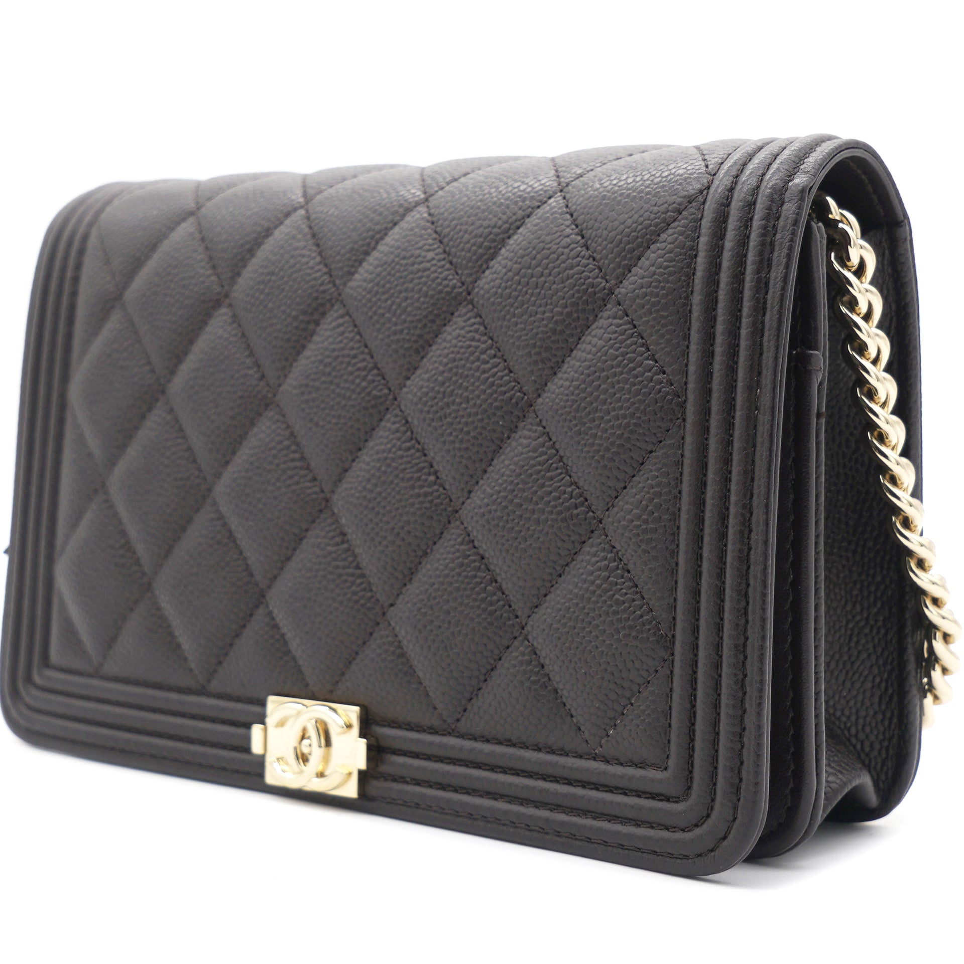 Chanel Black Quilted Patent Leather Boy Wallet On Chain Gold