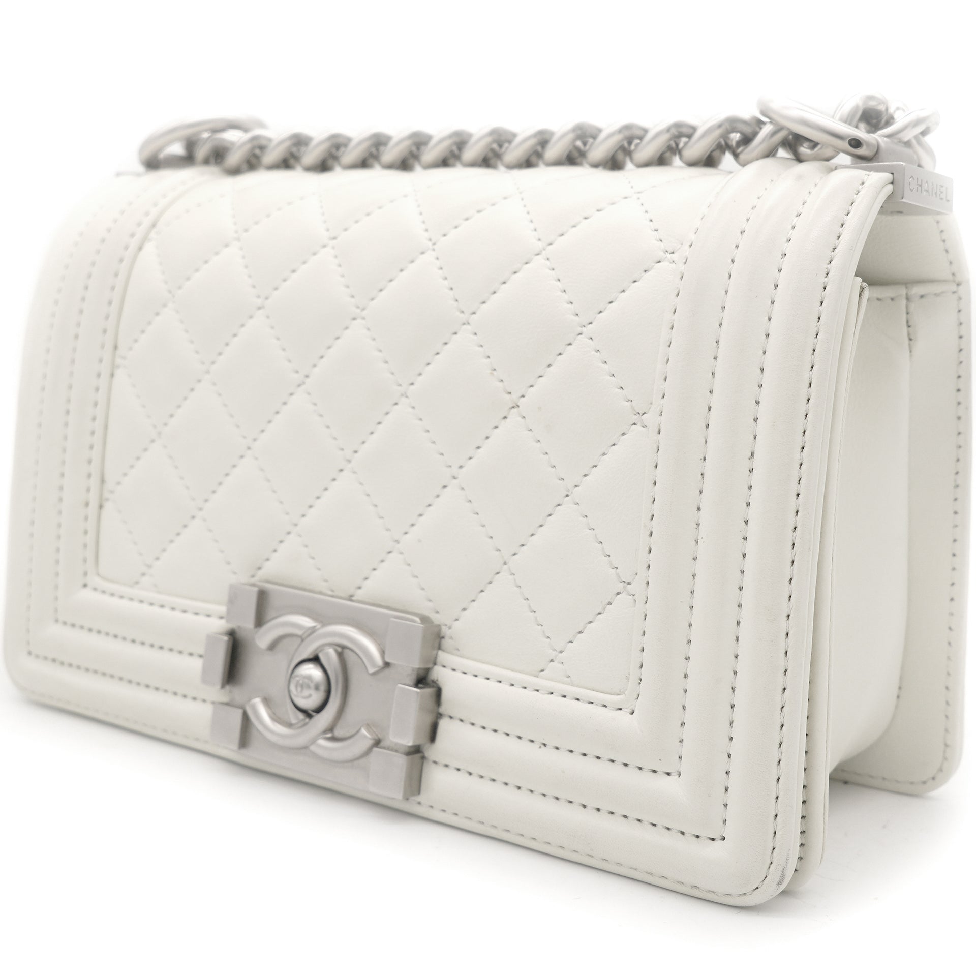 Calfskin Quilted Small Boy Flap White