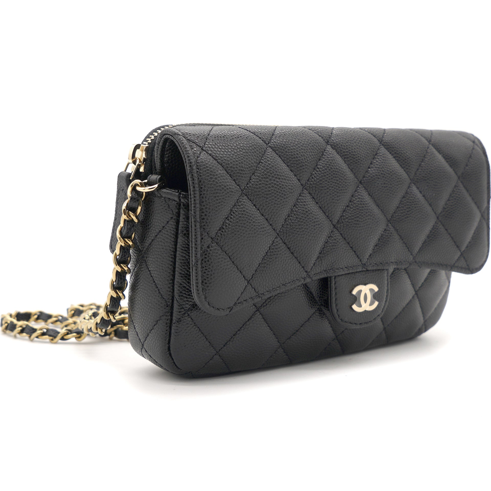 Quilted Black Caviar Wallet Phone Holder Chain Bag