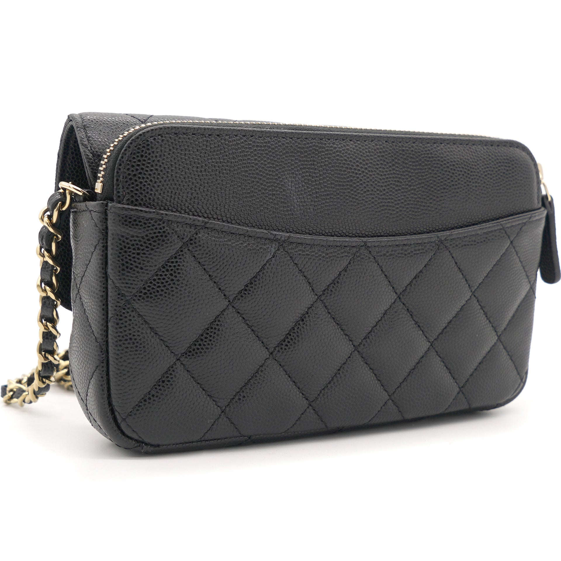 Quilted Black Caviar Wallet Phone Holder Chain Bag