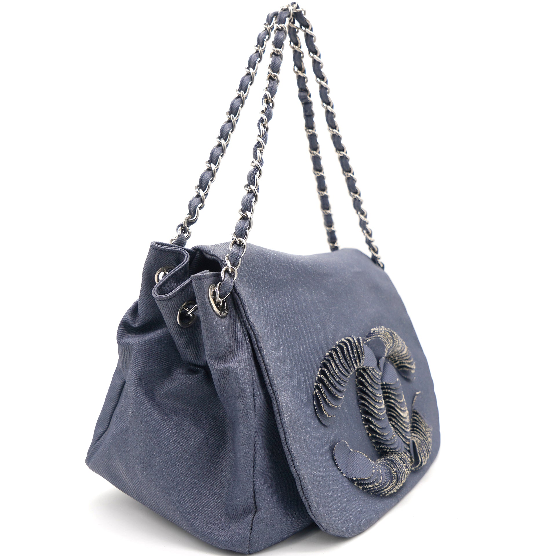 Channel Flap Bag Vintage CC Handbag Dark Blue Denim Silver Chain