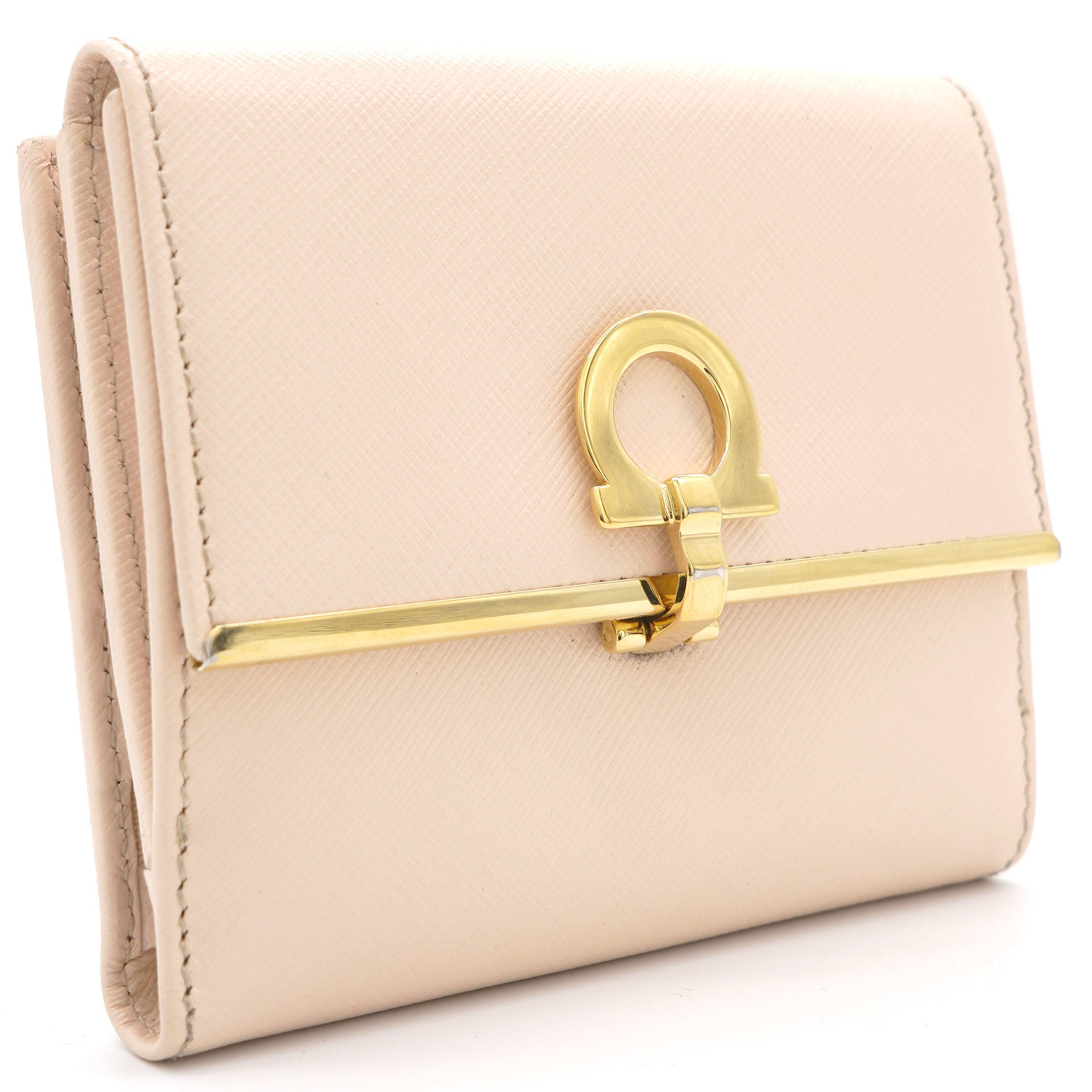 Beige Leather Gancini Clip Compact Wallet