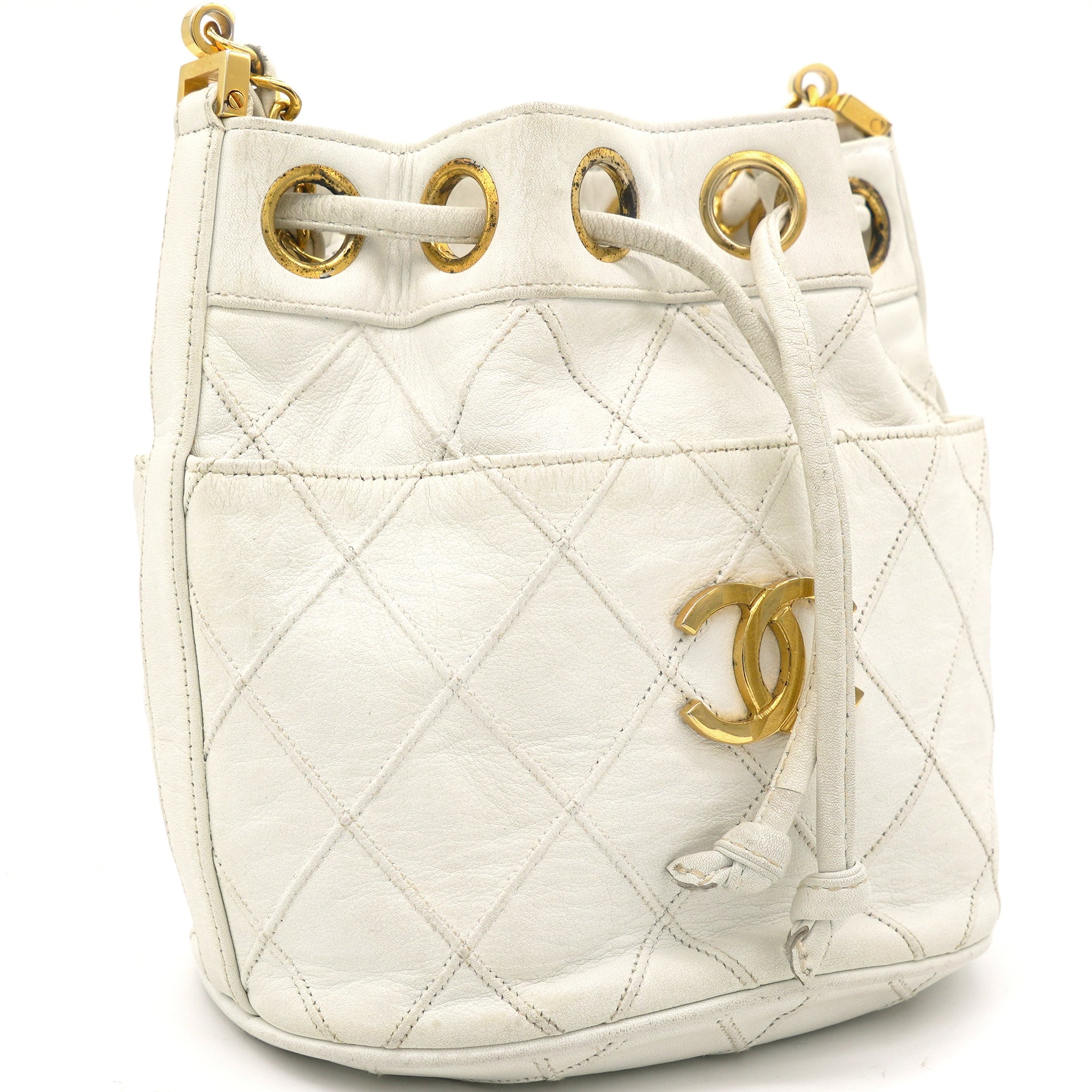 Chanel Bucket Drawstring Vintage Quilted Mini White Lambskin Bag