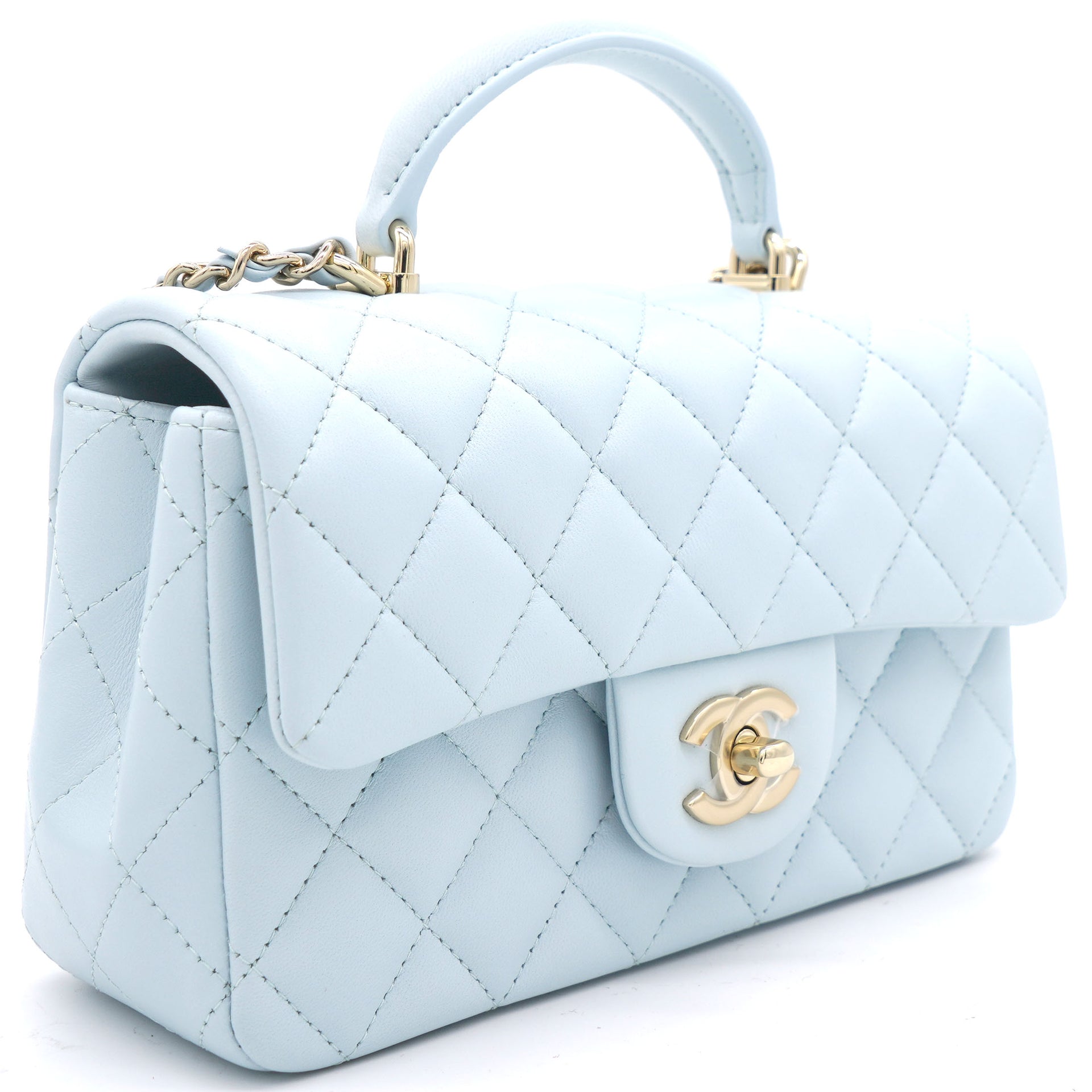 Chanel Lambskin Quilted Mini Top Handle Rectangular Flap Light Blue –  STYLISHTOP