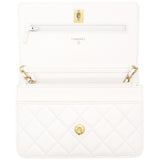 Lambskin Quilted CC Pearl Crush Wallet on Chain White