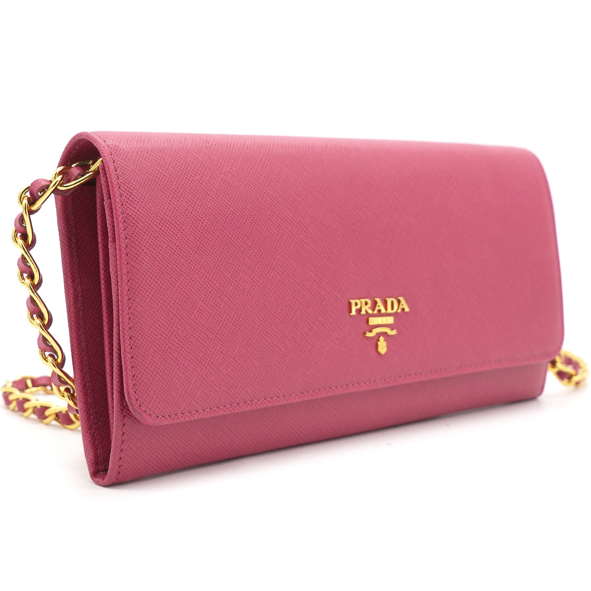 Prada Pink Saffiano Lux Leather Logo Plaque Wallet On Chain