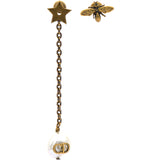 Metal Pearl Bee Star CD Drop Chain Earrings Aged Gold