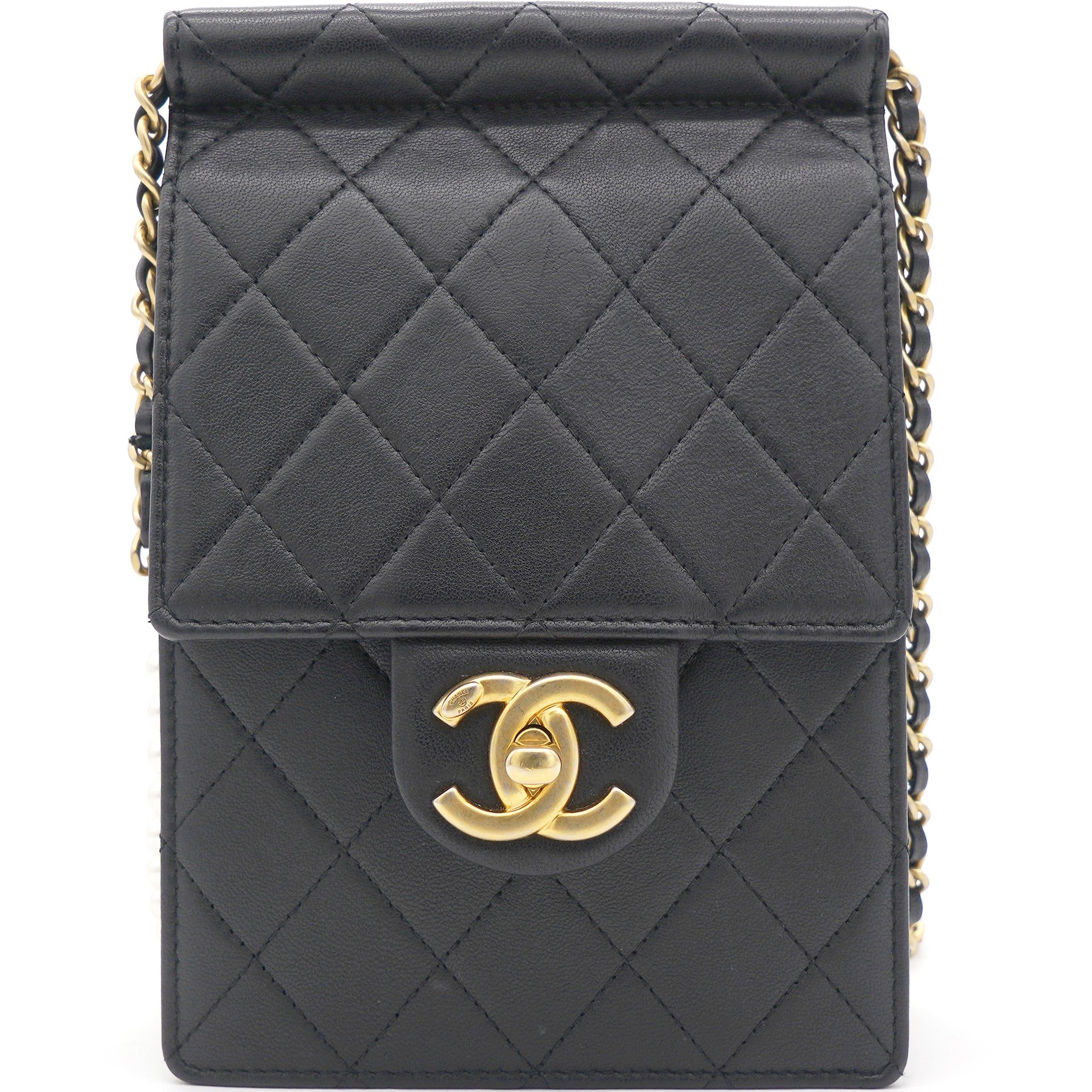 Chanel Vertical Pearls Clutch with Chic Pearl Chain In Black and