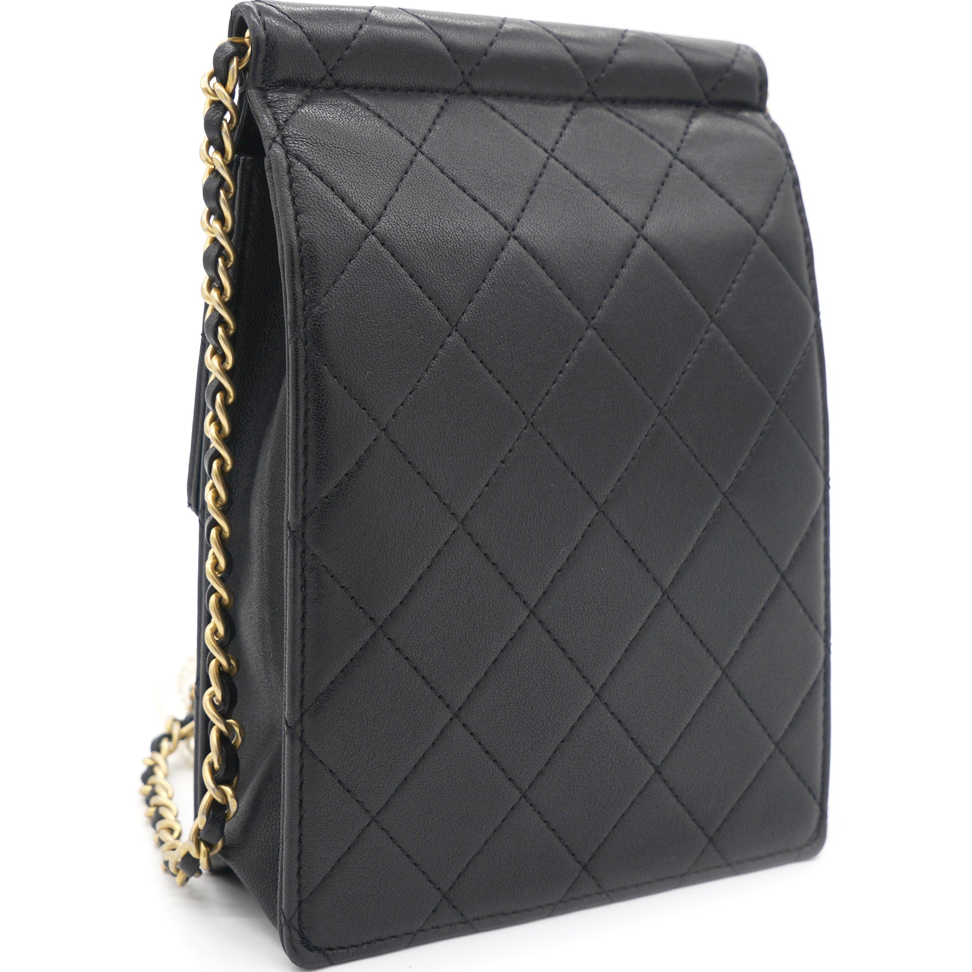 Chanel Vertical Pearls Clutch with Chic Pearl Chain In Black and