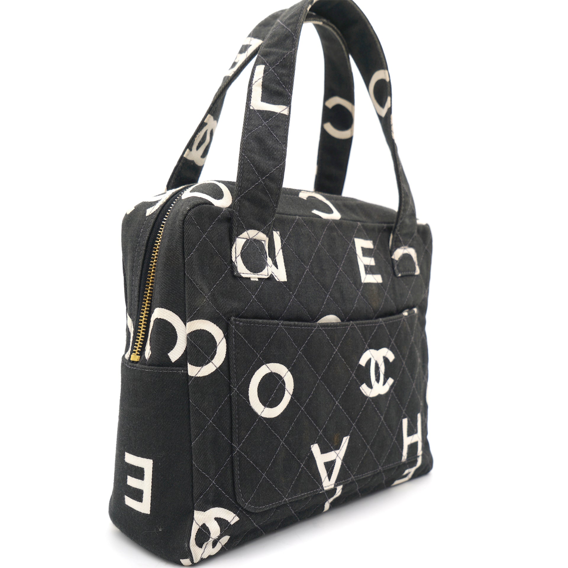 Chanel Vintage Black White Canvas Printed Letter Quilted Double Handle Bag  – STYLISHTOP