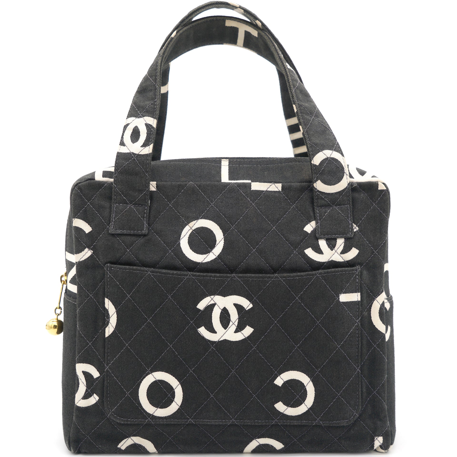 Chanel Vintage Black And White Quilted Printed Canvas CC Logo ID