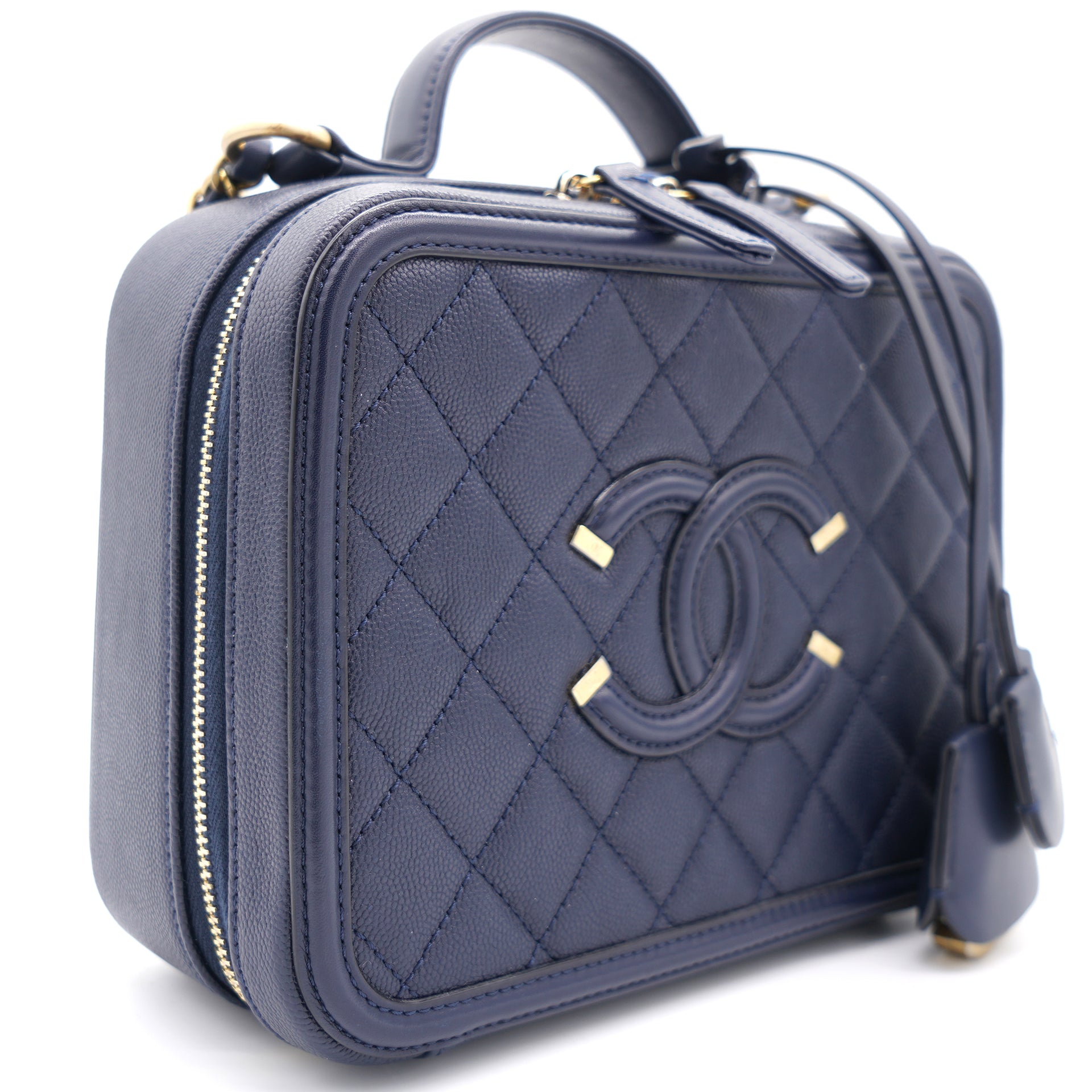 Chanel Navy Quilted Caviar Leather Medium CC Filigree Vanity Case