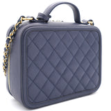 Navy Quilted Caviar Leather Medium CC Filigree Vanity Case Bag