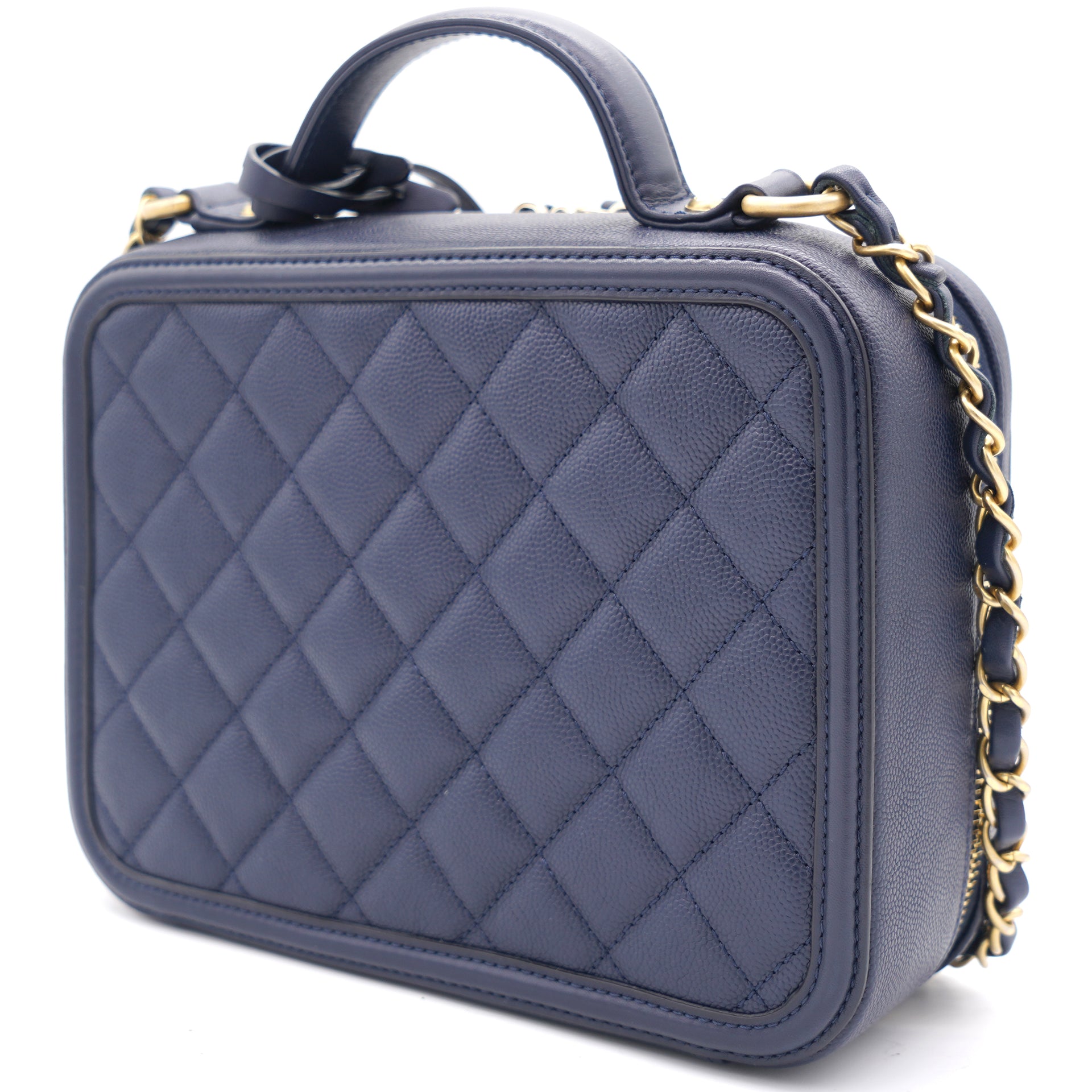 Chanel Filigree Quilted Caviar Leather Top Handle Vanity Case Blue
