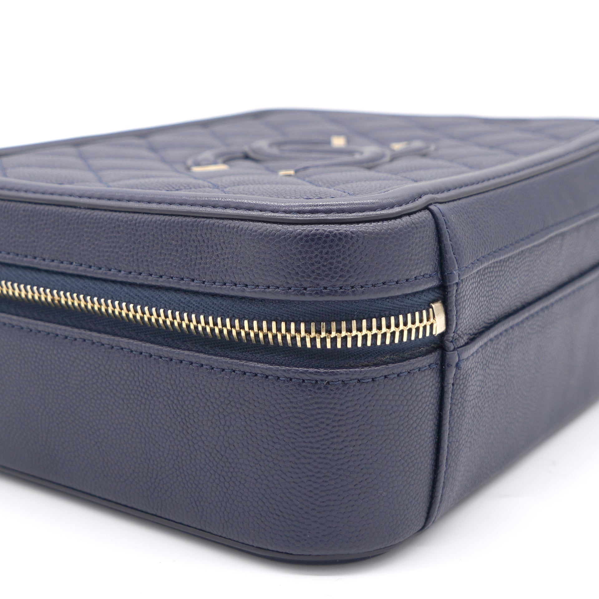 Navy Quilted Caviar Leather Medium CC Filigree Vanity Case Bag