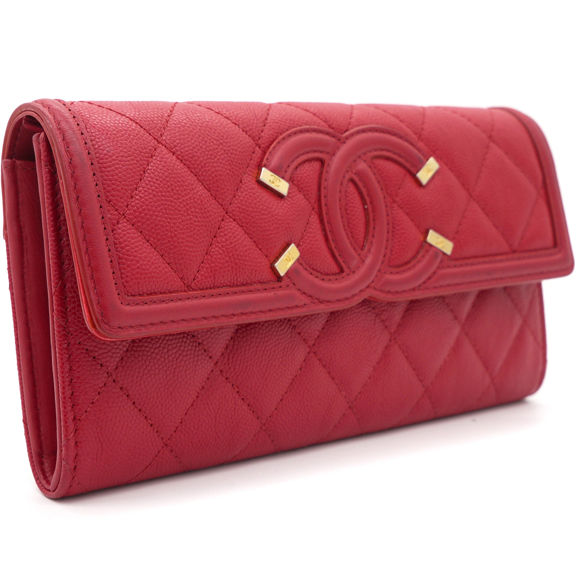 Chanel Caviar Quilted Large Filigree Gusset Flap Wallet Red