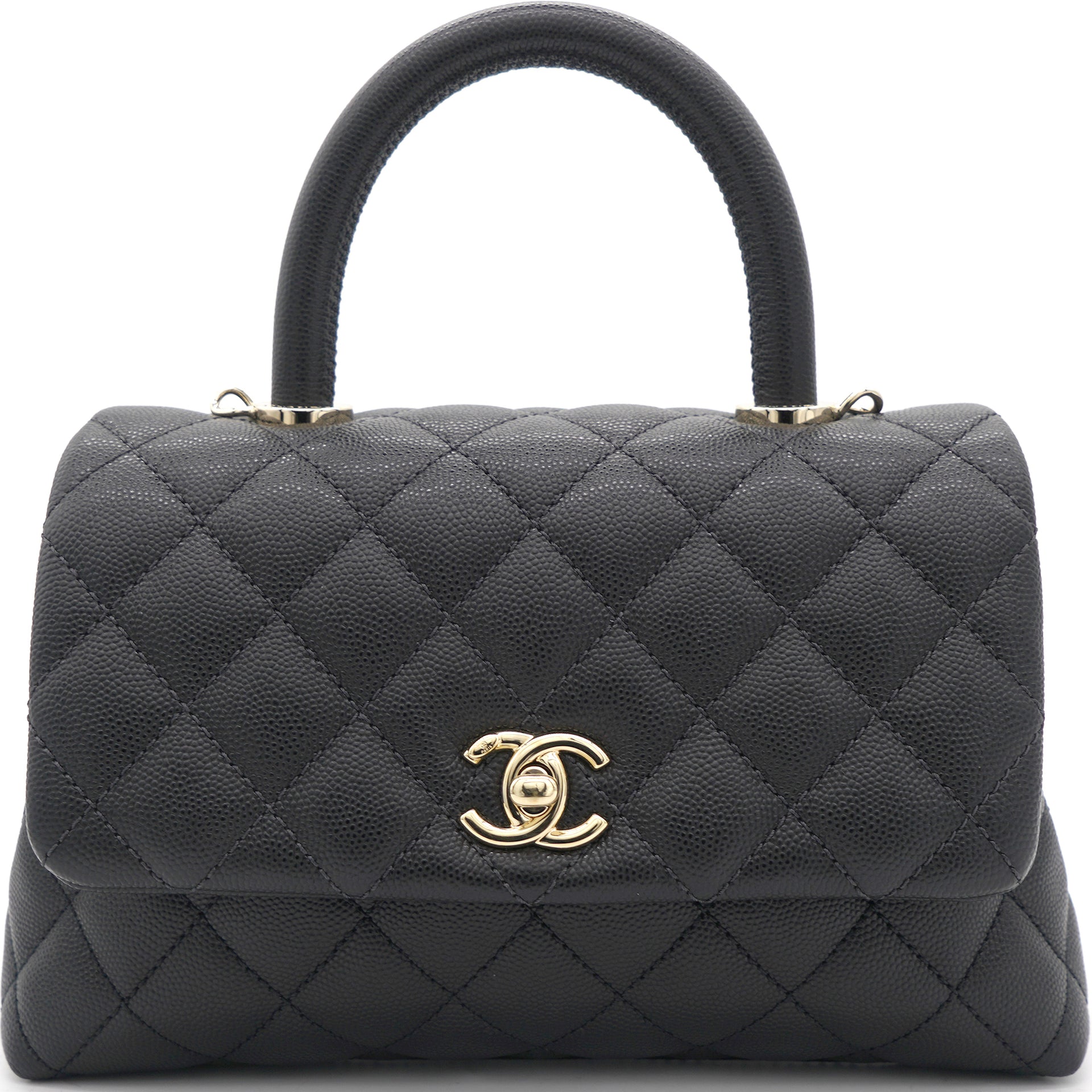 Chanel Coco Handle Bag Quilted Grained Caviar Ruthenium Mini Black