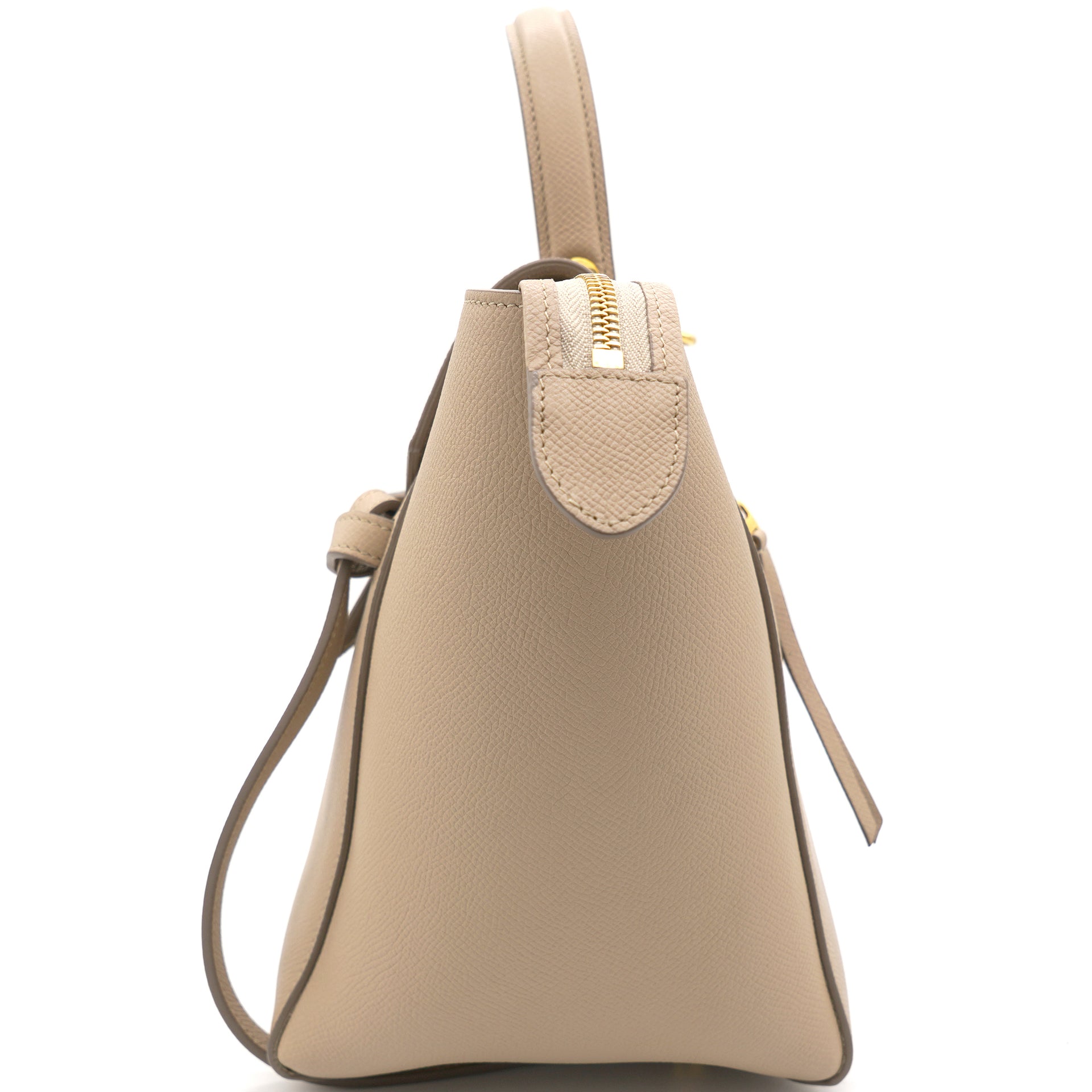 Light Taupe Leather Mini Belt Top Handle Bag